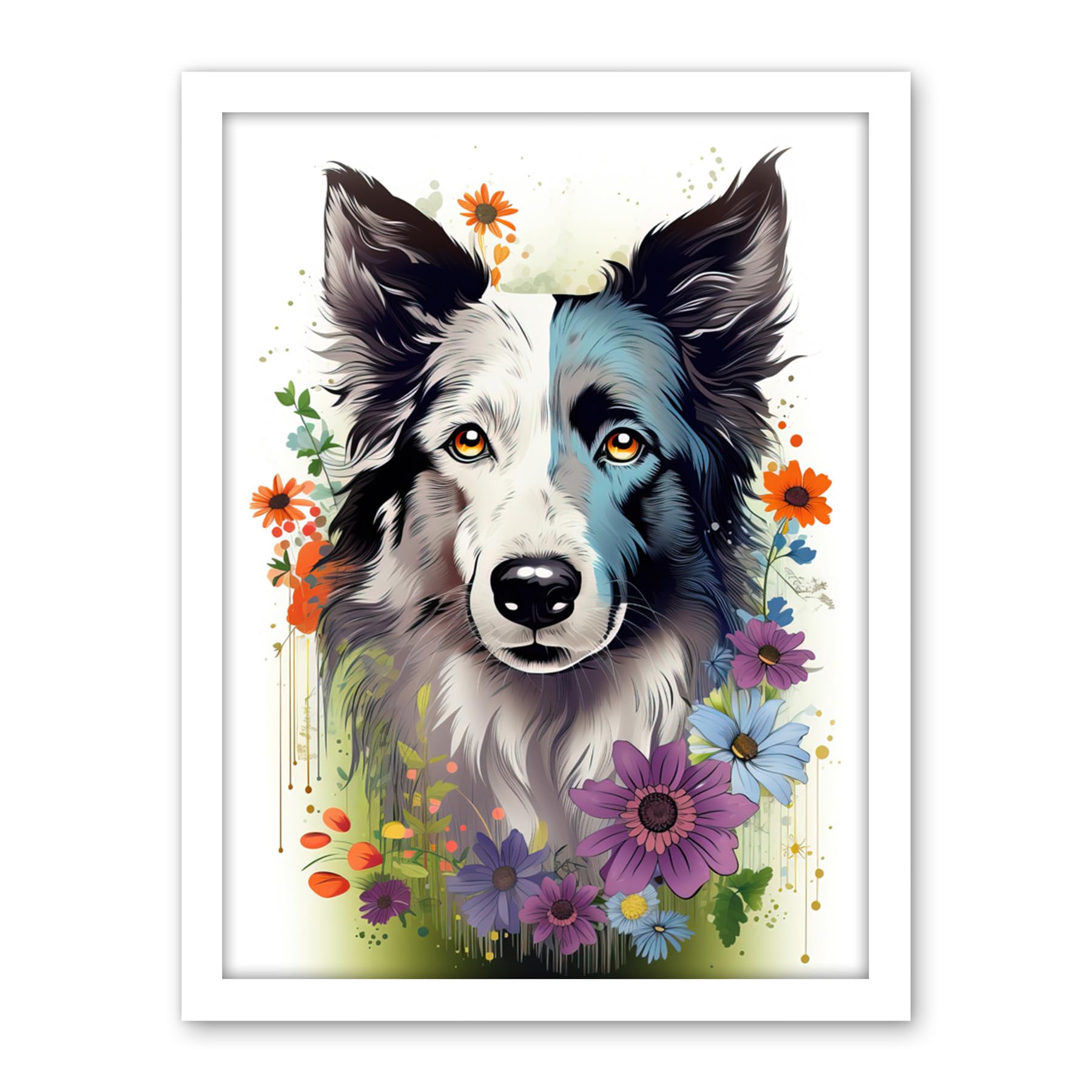 Artery8 Border Collie Dog Pict Scotland Blue Bawsant Face Bright Artwork Portrait with Wildflowers Artwork Framed Wall Art Print 18X24 Inch