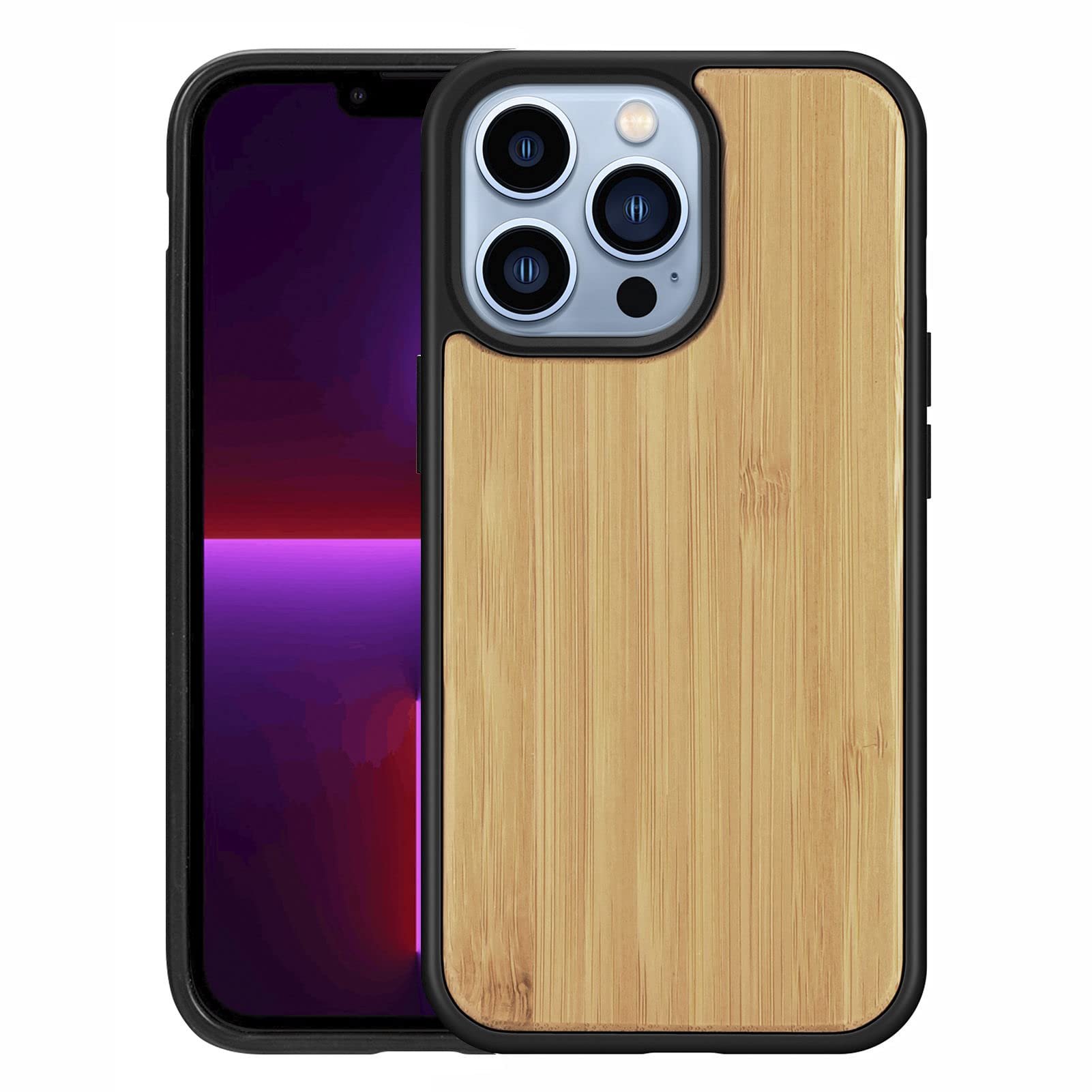 Solid Wood Phone Case for iPhone 13 Pro Max, Luxurious Natural Wood Grain Case with Drop Tested Shockproof Bumper and Camera Lens Protection Cover for iPhone 13 Pro Max (6.7) MW Bamboo