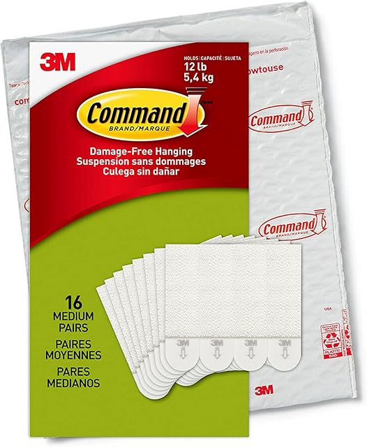 Command PH204-16NA Picture Hanging Strips, Medium, White, Holds up to 12 lbs, 16-Pairs, Easy to Open Packaging Hardware