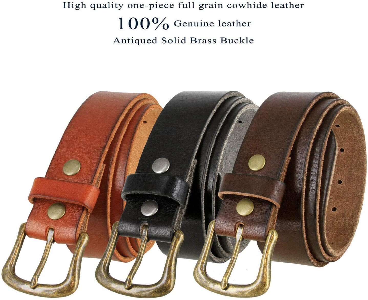Belts.com Genuine Full Grain One-Piece 100% Leather Belt With Polished Solid Brass Buckle 1-1/2"(38mm) Wide - Image 3