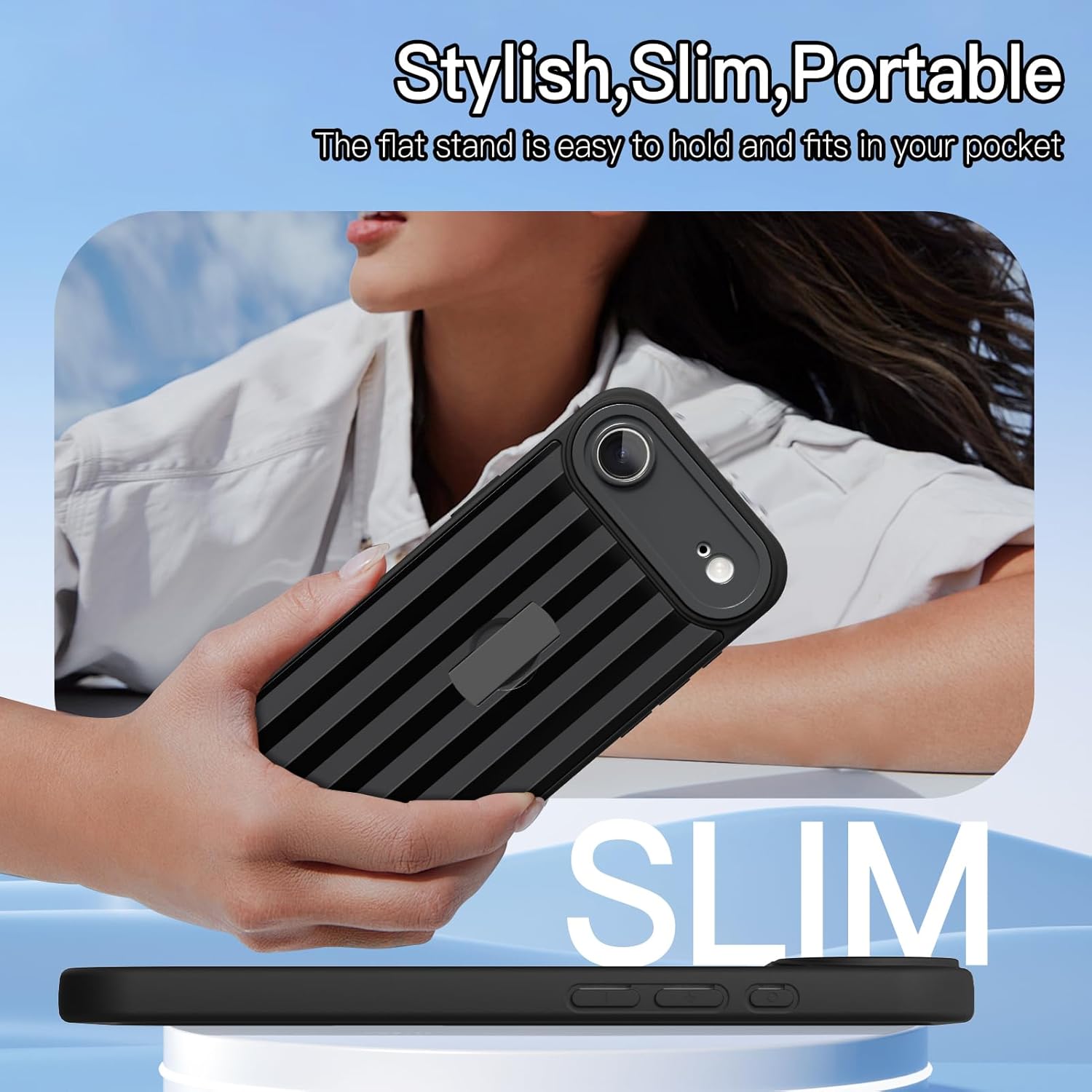 KANGHAR Compatible with iPhone Air Case Black Stripes Pattern Finger Stand Design Full Body Rugged Shockproof Protection Glossy Protective Kickstand Phone Cover 6.7 Inch