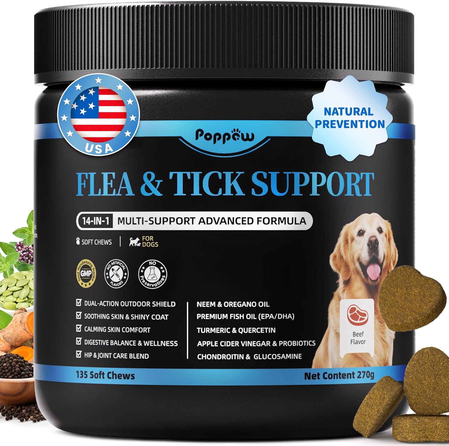 Dog Flea and Tick Support Chewable, Natural Dog Flea Comfort Supplement, Oral Chews with Neem, Oregano Oil, Pumpkin Seed Oil & Brewer’s Yeast – 135 Soft Chews, Beef Flavor – for All Breeds & Sizes