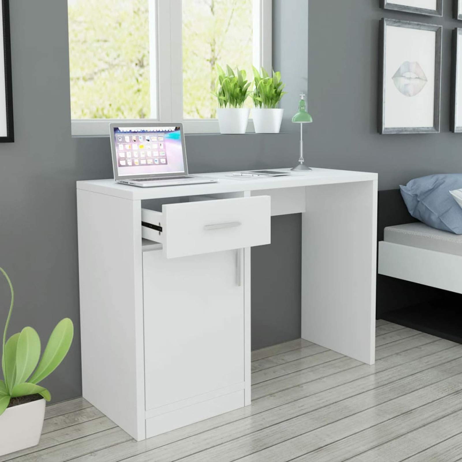 Homgoday Escritorio con cajón y armario blanco, 100 x 40 x 73 cm, escritorio de oficina, escritorio de computadora, estación de trabajo, estudio para hogar, oficina, dormitorio