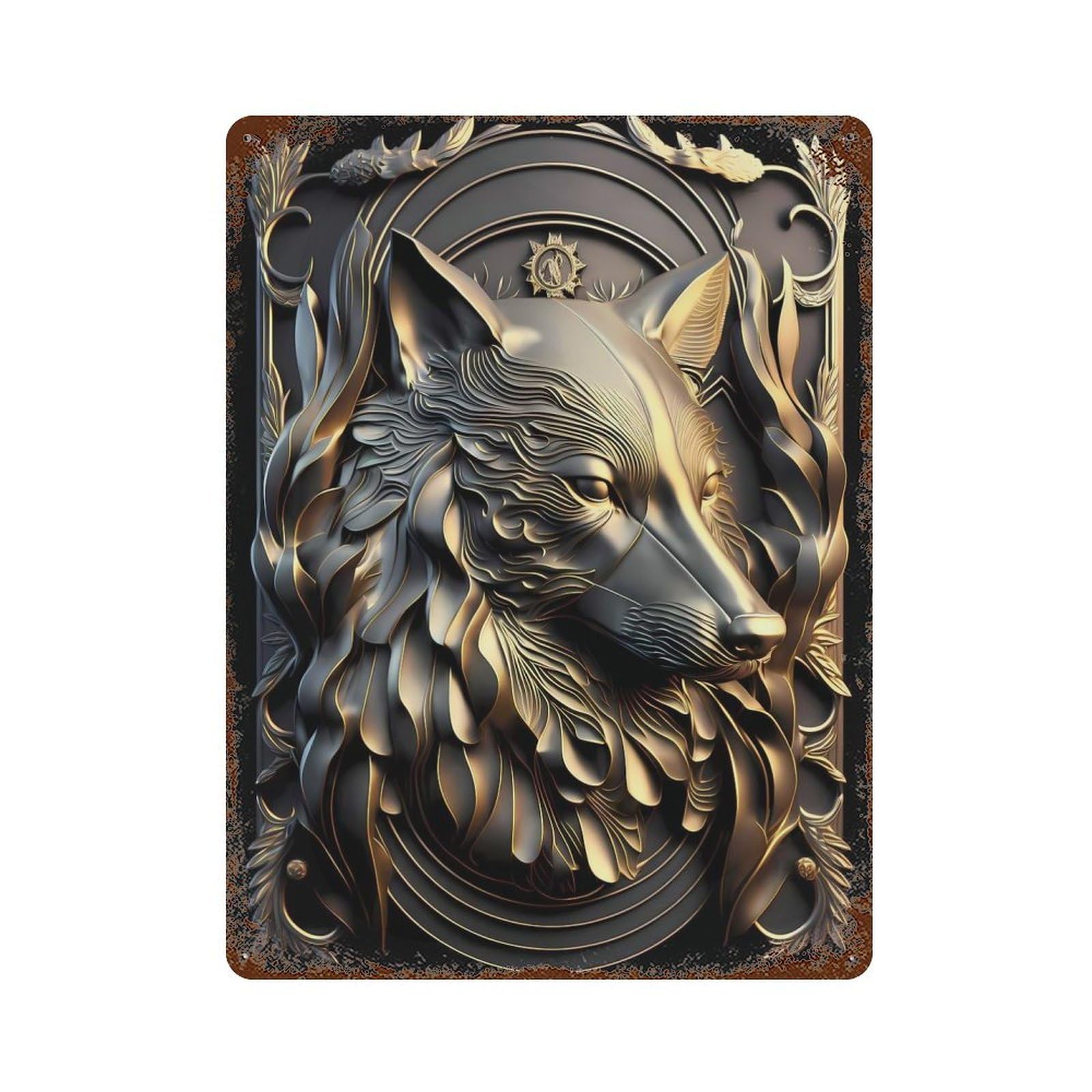 Wolf Golden Art Deco 15.7"x11.8" Decorative Tin Sign, Retro Wall Decor for Garage, Bar And Workshop Decor