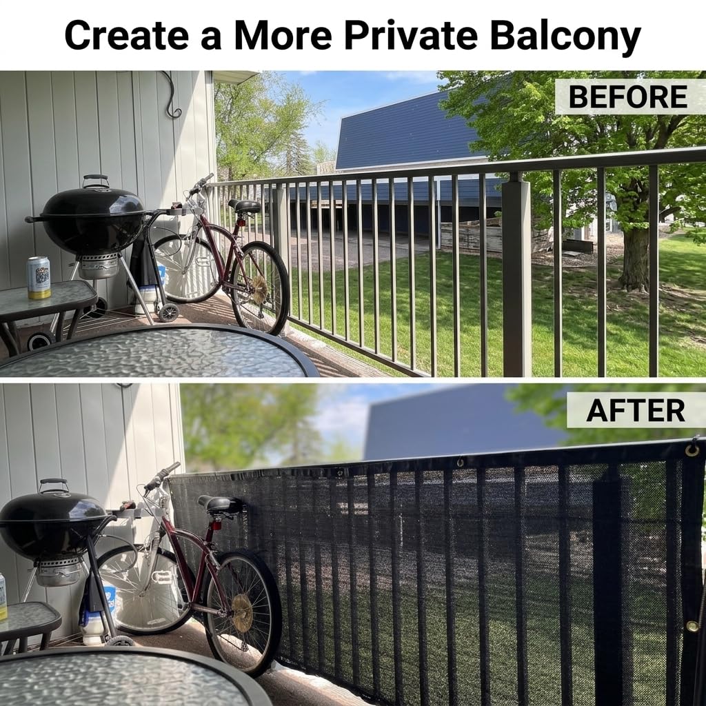 0.9X6M Privatsphäre Sichtschutz für Balkon Geländer, Sonnenschutz Balkon Netz, Wind- und Staubschutz, Mesh Stoff für Außenschutz, Pool, Terrasse, Patio, Zaunabdeckung(Schwarz)