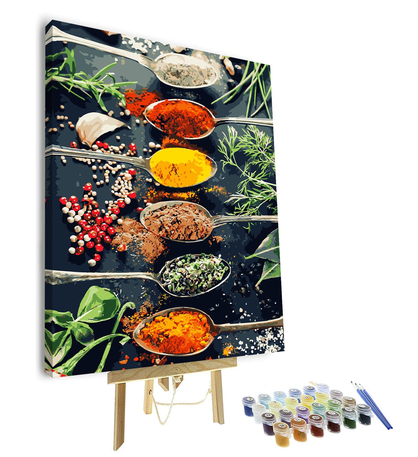 TISHIRON Malen nach Zahlen Erwachsene, Malen für Erwachsene - Kräuter & Gewürze Stillleben Gemälde, Kulinarische DIY Kunst Malen nach Zahlen - 16x20 inch(Gerahmt)