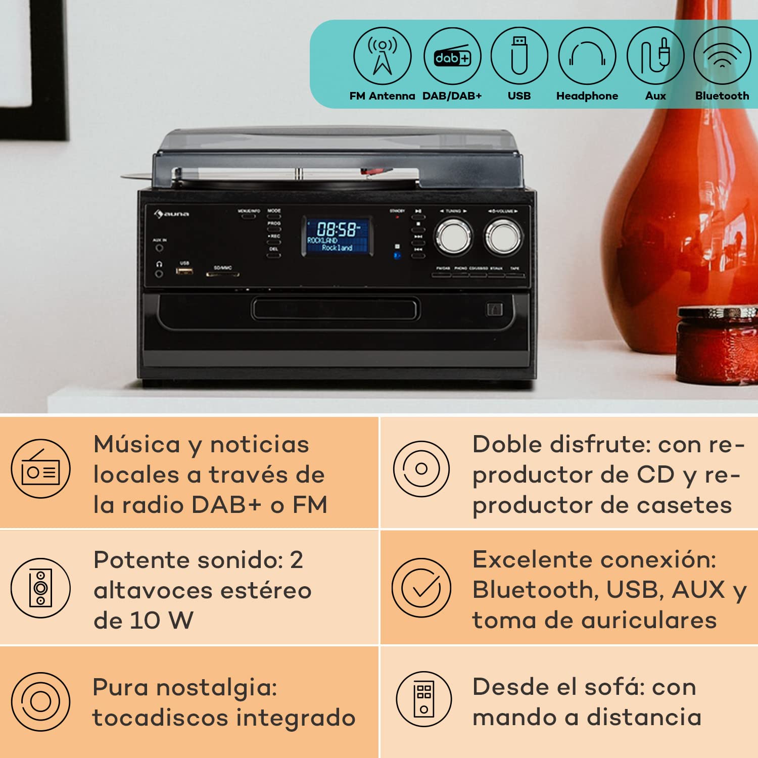 Auna Tocadiscos de Vinilo, Incluye Altavoces Sistema Estéreo para Música, Giradiscos de Vinilo Bluetooth Equipado con CD, AUX Sistema Sonido, Giradiscos Portátil para Casa