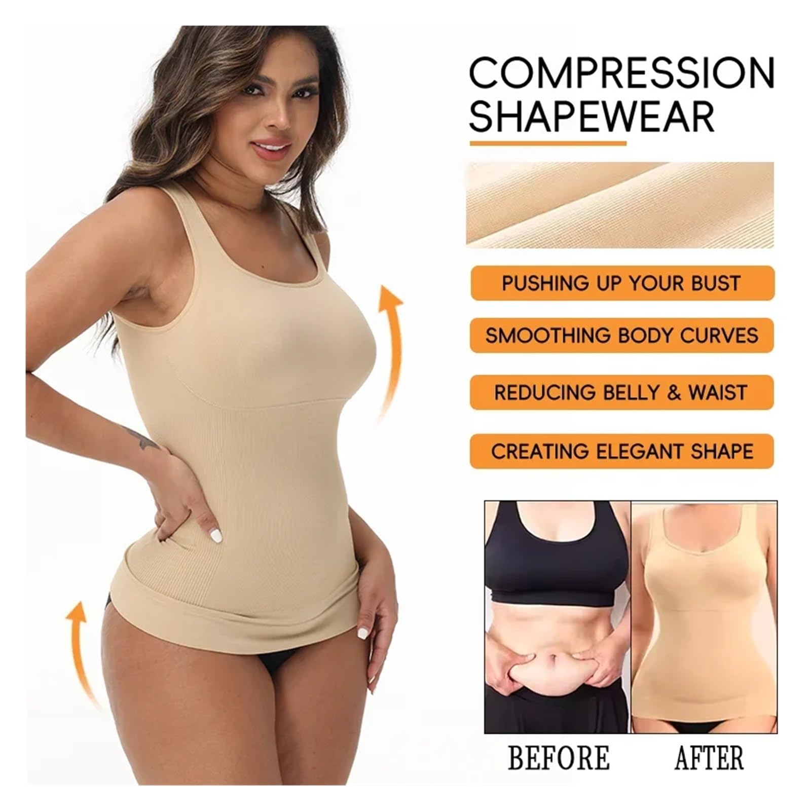 Camiseta Reductora Mujer Camisola sin Costuras, Chaleco de compresión, Control de Abdomen, Moldeador de Cintura, Ropa Interior, Camiseta sin Mangas con Cuello Cuadrado(Khaki,M)