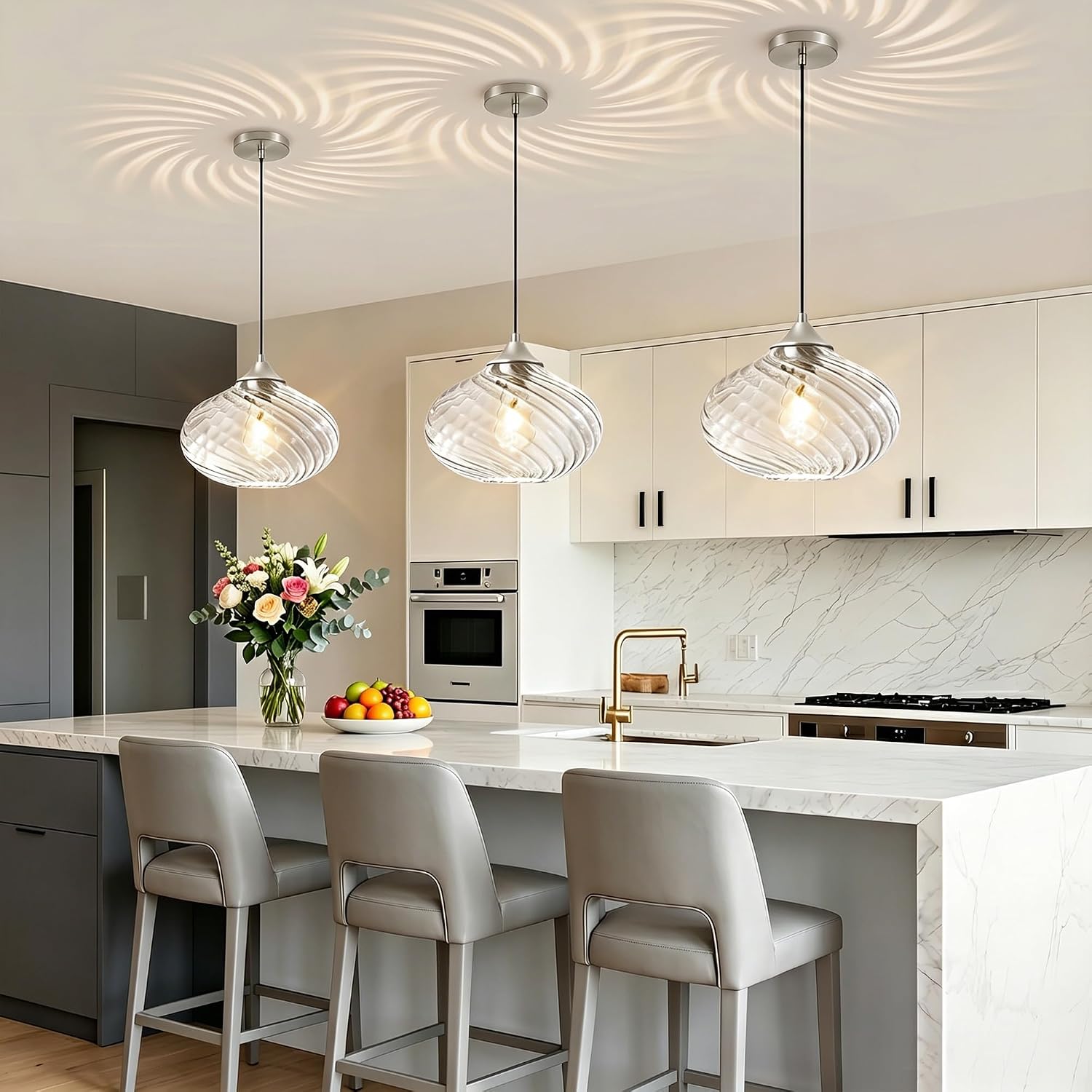 11in Nickel Pendant Lights Kitchen Island with Clear Glass Shade 2Pack | Handcrafted Glass Pendant Light Fixtures, UL Certified, E26 Base 100W Max, Height-Adjustable, Dimmable Hanging Pendant Light