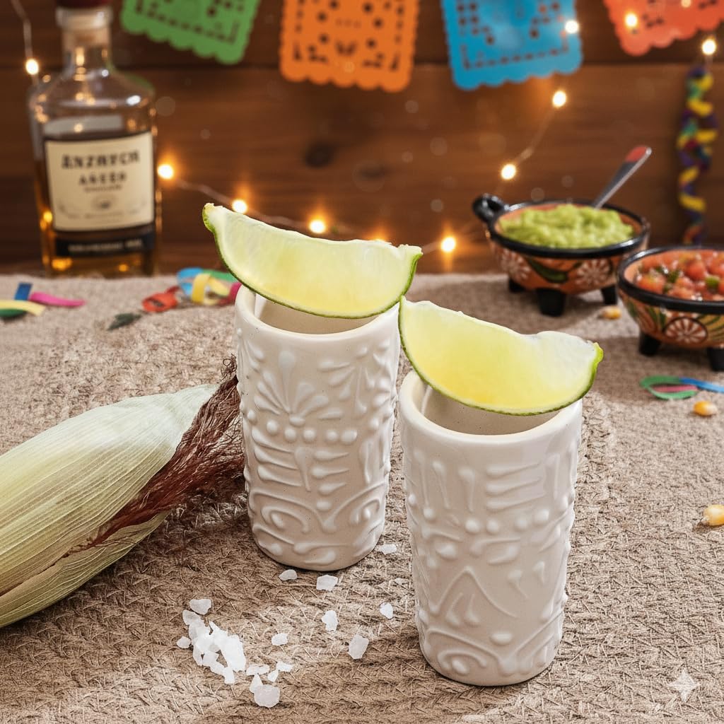 Talavera - Juego de 4 vasos de chupito auténticos de tequila mexicano, pintados a mano, 56.7 g (encaje blanco)