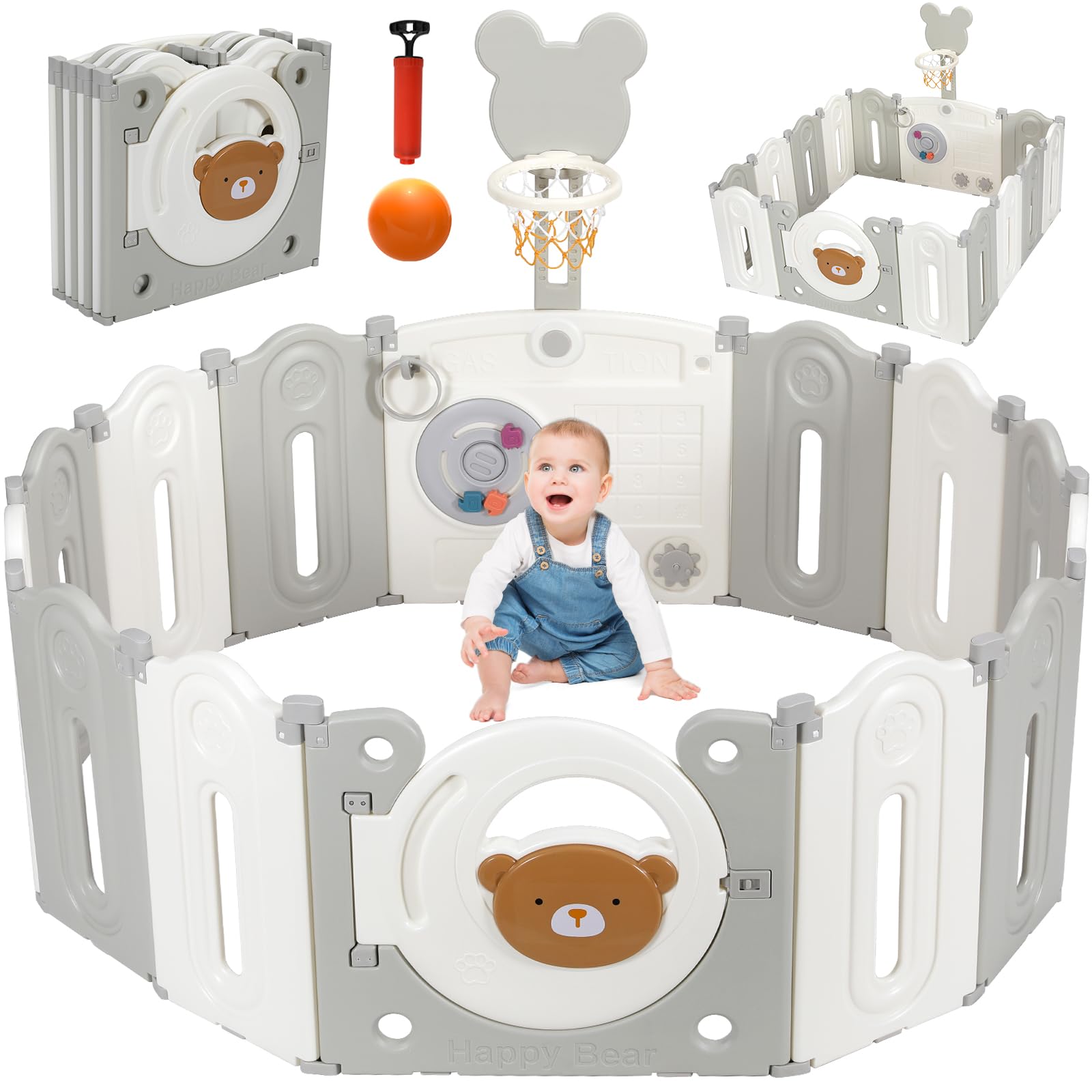 Box Bambini Pieghevole, Recinto per Bambini 143x143x64 cm, Box Neonato Forma Regolabile, con Canestro da Basket, Pallacanestro e Tavola per Giocattoli, Forte Ventosa sul Fondo, Materiale HDPE Atossico