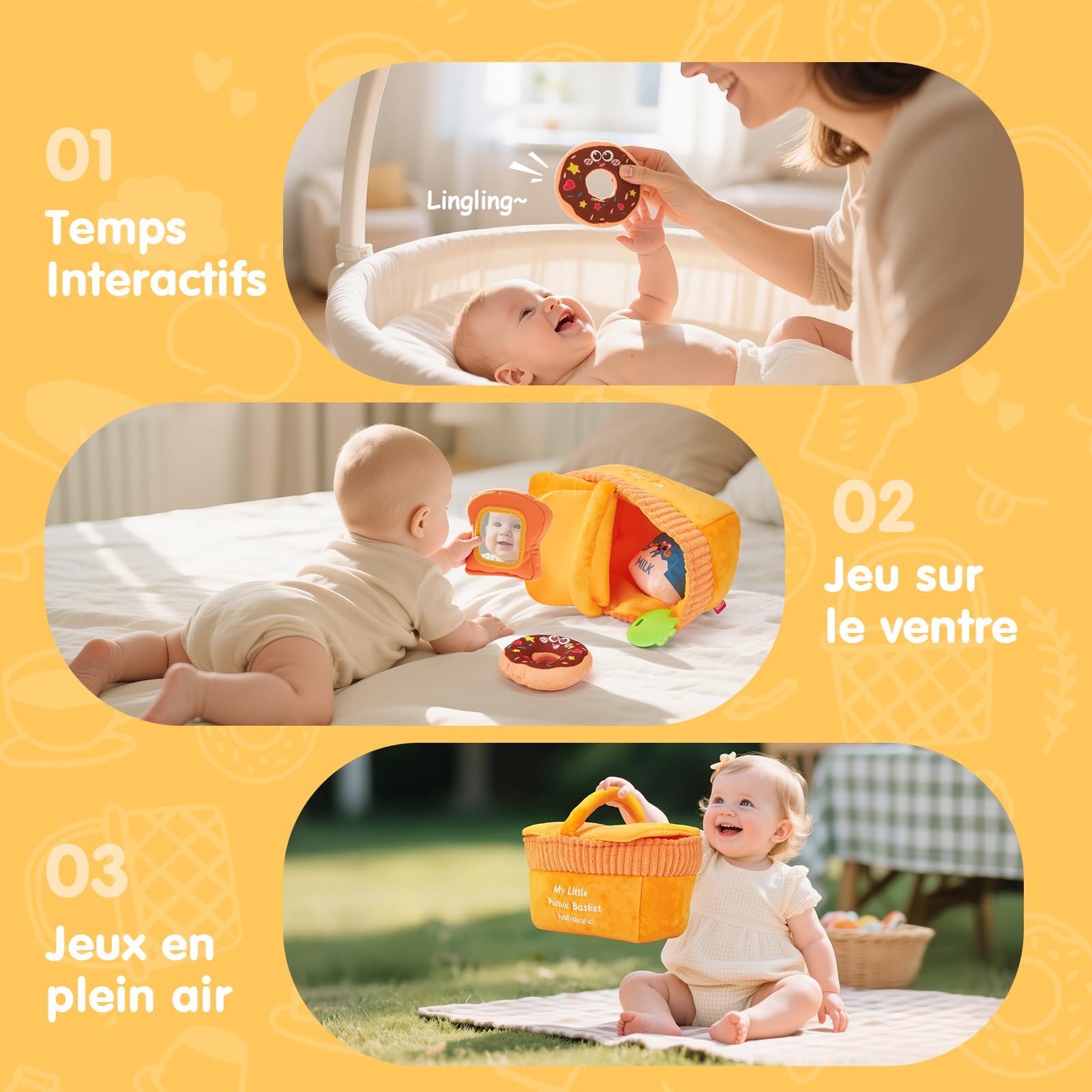 hahaland Jouets BéBé 6 à 12 Mois Peluche Sensorielle Pique-Nique – Jouet Eveil Bebe Voyage Doux Lavable avec Anneau Dentition sans BPA, Hochets, Miroir Montessori Cadeau Enfant 1+ an