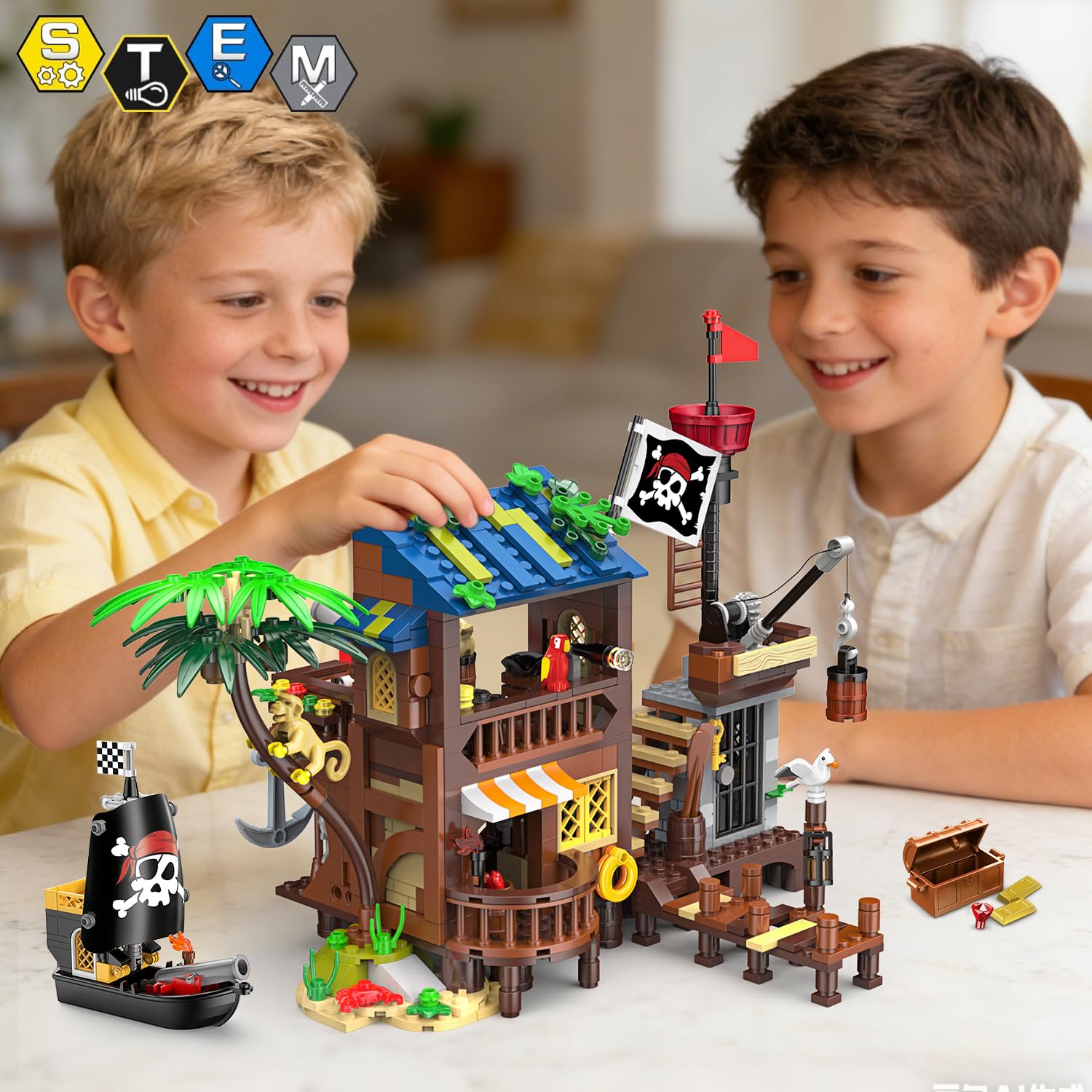 HOGOKIDS Set di costruzioni Porto dei Pirati LED, 3 modalità di visualizzazione, Nave dei Pirati, Giocattolo di costruzione creativo STEM, compleanno per bambini dai 6 ai 12 anni