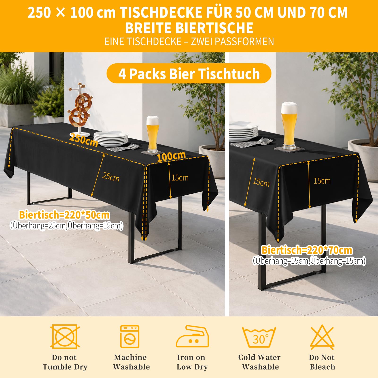 Pesonlook 6 tovaglie nere da birra, 120 g/m², 250 x 100 cm | Tovaglia universale per tavoli da birra da 50 cm e 70 cm, lavabile, rettangolare, per feste, banchetti all'aperto