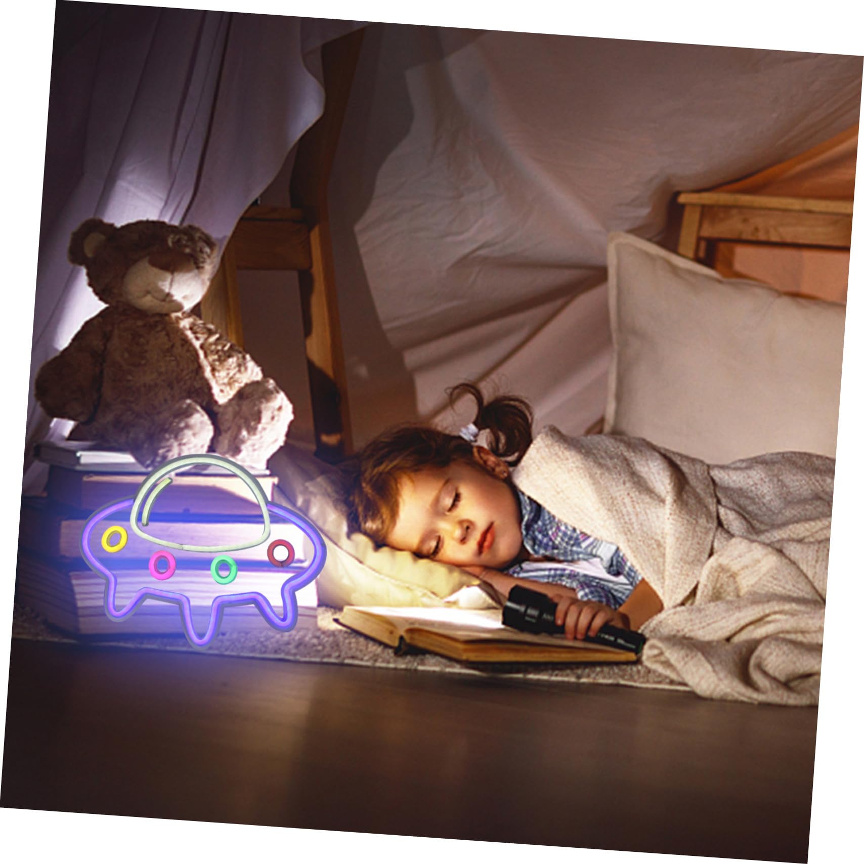 WOONEKY Lámpara LED de Neón con Forma de Nave Espacial Luz Decorativa para Interiores Ambiental USB Iluminación Portátil para Dormitorio y Salón