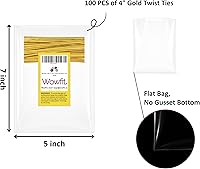 Vista 3 de Wowfit 100 bolsas de celofán plano transparente de 5 x 7 pulgadas con lazos dorados de 4 pulgadas, embalaje de celofán para donas, galletas, dulces