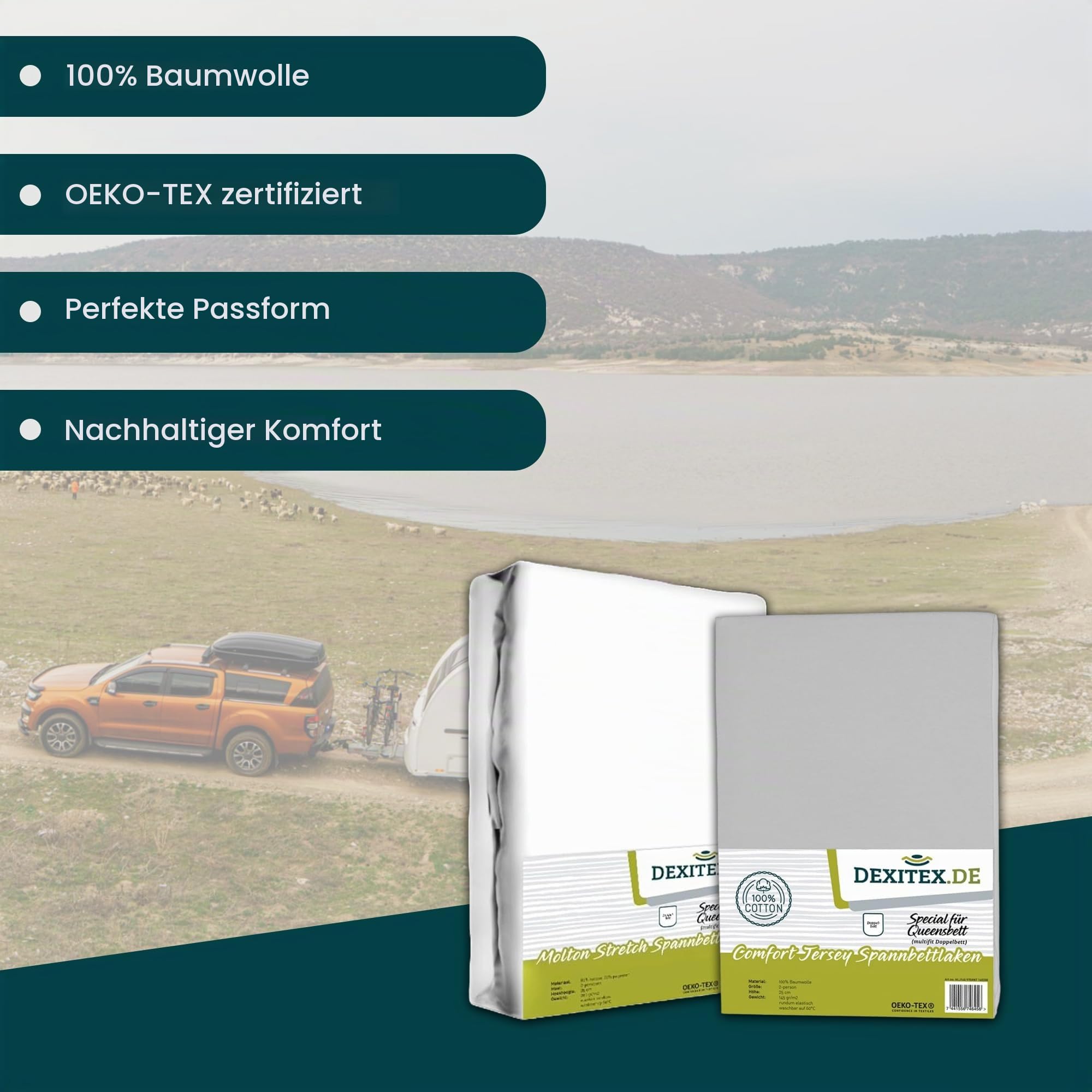 Bettlaken Queensbett-Wohnmobil 2er Set - 1 Molton und 1 Spannbettlaken Grau(135-160cm x 210cm) für Wohnmobil oder Caravan - 100% Baumwolle -Oeko-TEX -