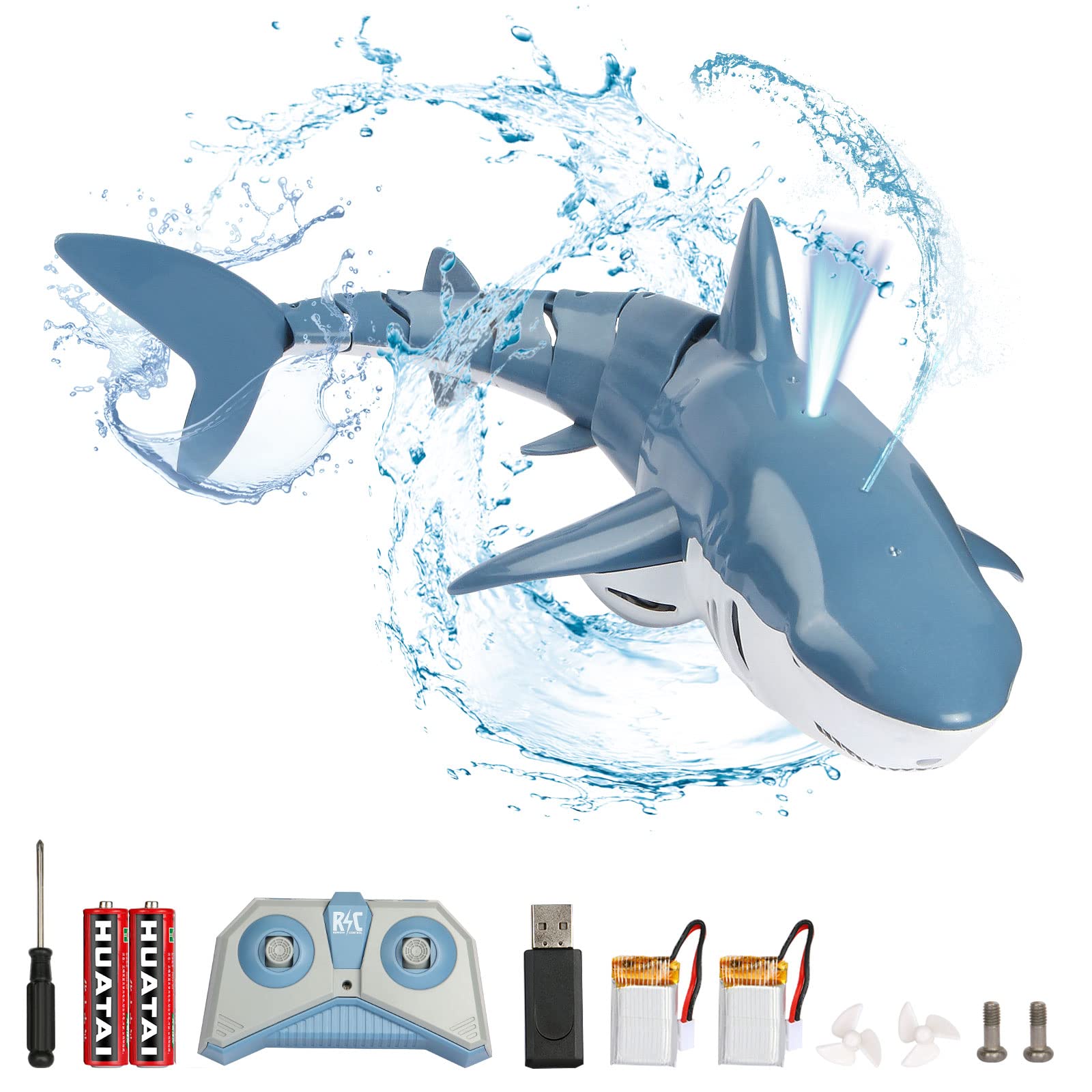 Remote Control Pool Shark Toys-Upgrade 2.4GHz High Simulation RC Shark with Water Spray Diving Light for Swimming Pool Bathroom, Gift for Ages 6+ Boys Girls(Blue)