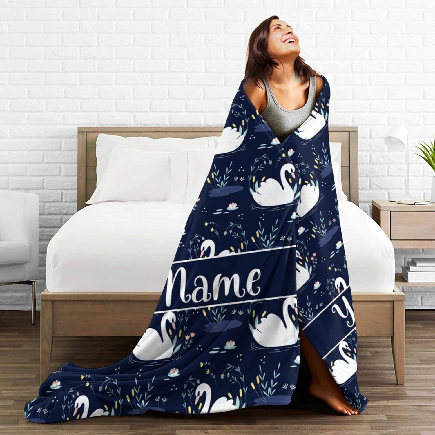 Custom Swan Blanket with Name for Women Men, Personalized Cute Swan Themed Design Printed Throw Blankets for Teens Adults Lap, Chair Sofa, Giftable Blanket, 50"x 60"