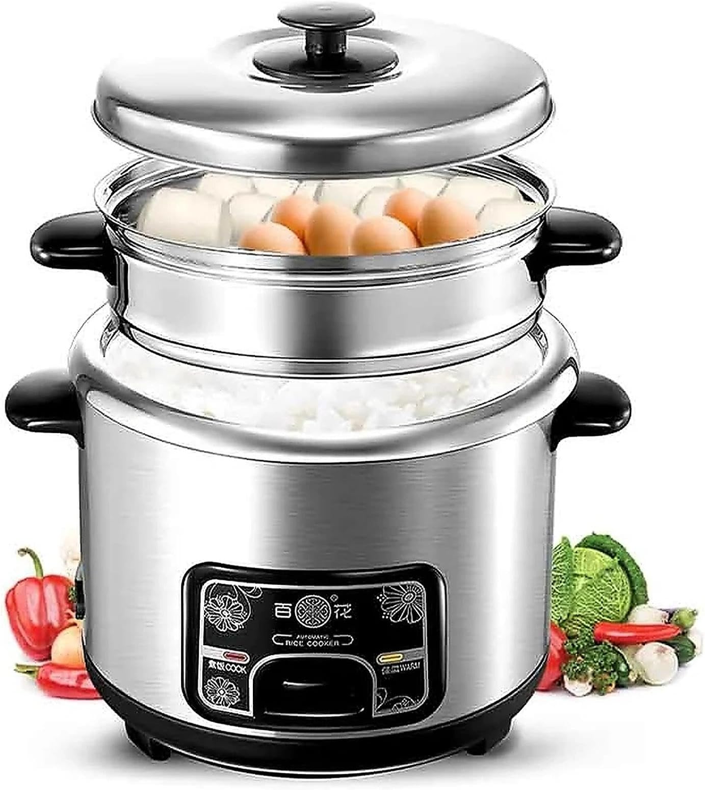 – Stainless Steel Rice Cooker with Steamer, 2-5L Multi-Function Automatic Rice Maker with Keep Warm, Healthy Cooking for 1-7 People, Easy to Clean Inner Pot(4L)