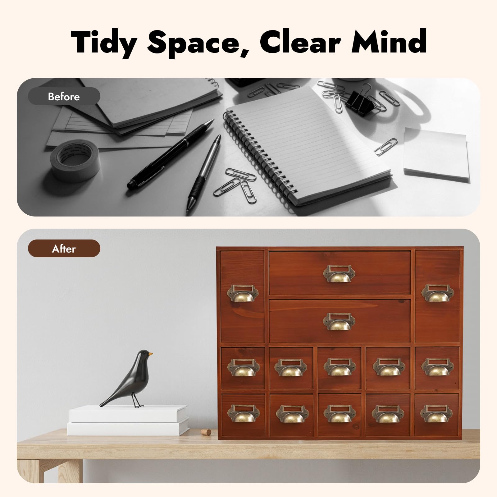 Organizer da scrivania in legno, stile vintage, con 14 cassetti, ogni cassetto ha una portata di 3 kg, per camera da letto, cucina, ufficio