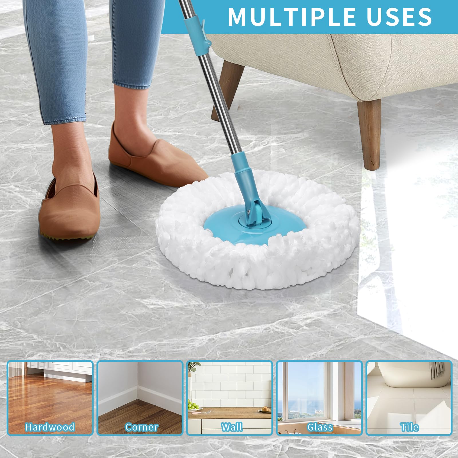 Seau Essoreur, Masthome Balai à Frange et Seau à Pédale, Seau Serpillere avec Tête de Mop Rotative à 360, Balai avec 5 Serpillères Réutilisables en Microfibre, pour Nettoyage Sols