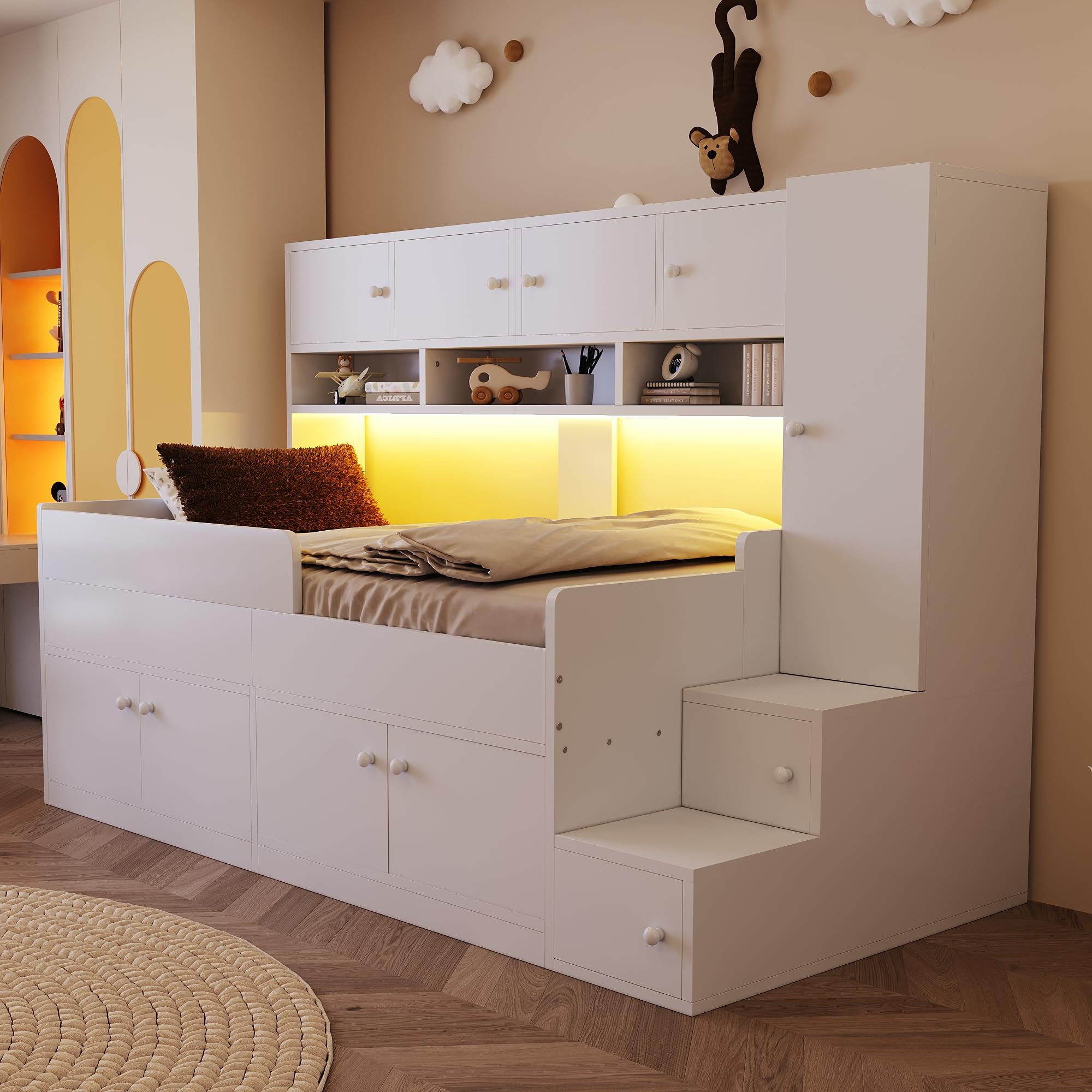 Kebnor Cama infantil de madera de 90 x 200 cm, con espacio de almacenamiento, estantes, armario y escalera de escalada sencilla, con iluminación LED, marco de cuna con barandilla de seguridad (color