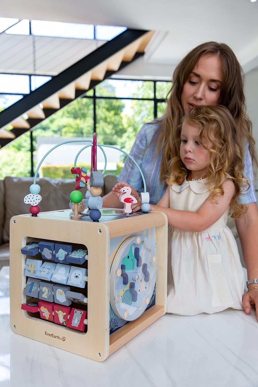 EverEarth XXL Tierspaß Aktivitätswürfel mit extra vielen Motorikspielen - Holz Lernwürfel im Tierchen Design für Kinder, Baby und Kleinkind - Großer Motorikwürfel ab 1 Jahr - Activity Center EE33936