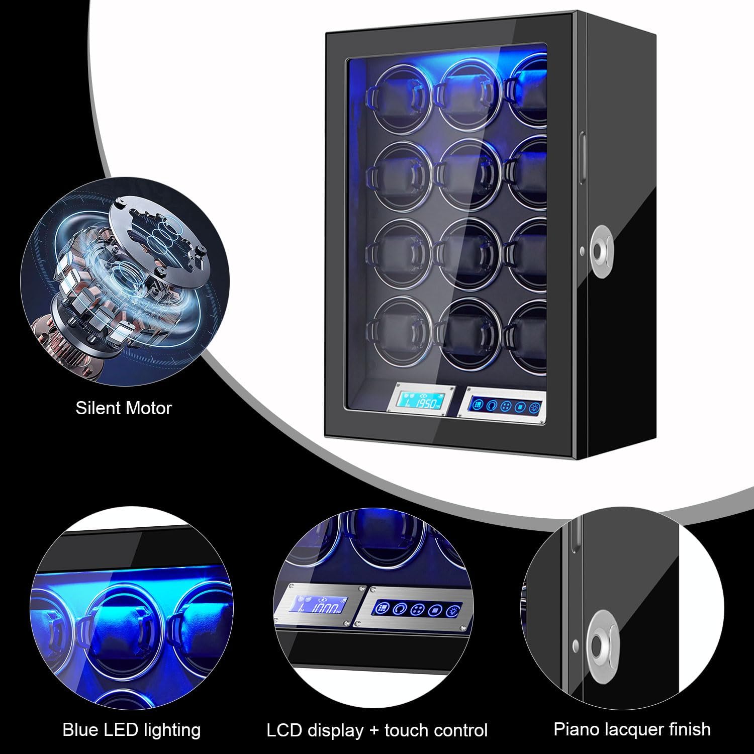 Watch Winders for 6/9/12 Slots Automatic Watches,Ultra-Quiet Japanese Motors, Built-in LED Illumination,LCD Display,Touchscreen Control
