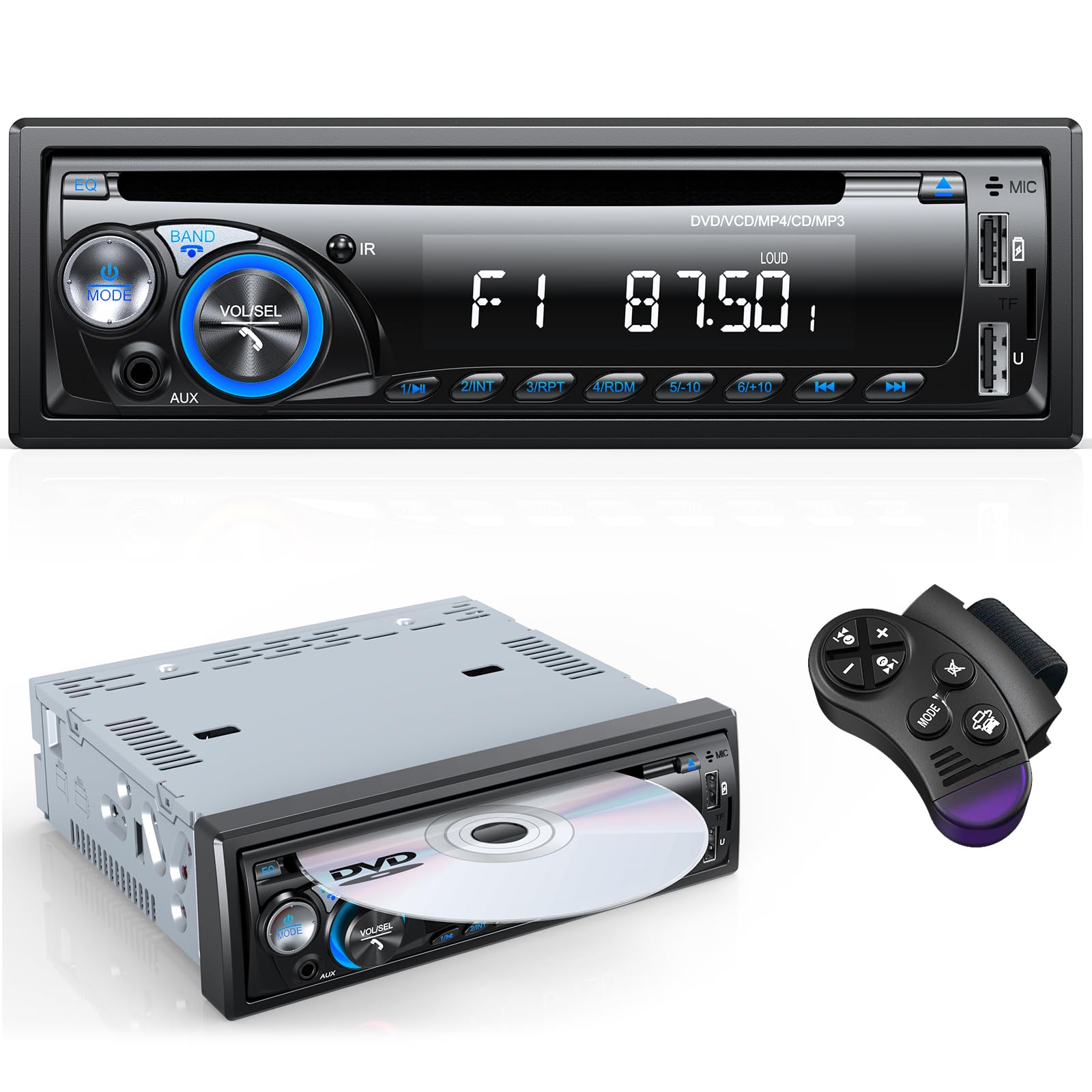 RDS Car Stereo Bluetooth with CD DVD Player, Wistrue FM/AM Car Radio Bluetooth Handsfree with 2 USB/SD/AUX, Single Din Car Stereo 7 Colors MP3 Player,Fits 9-24V Vehicles