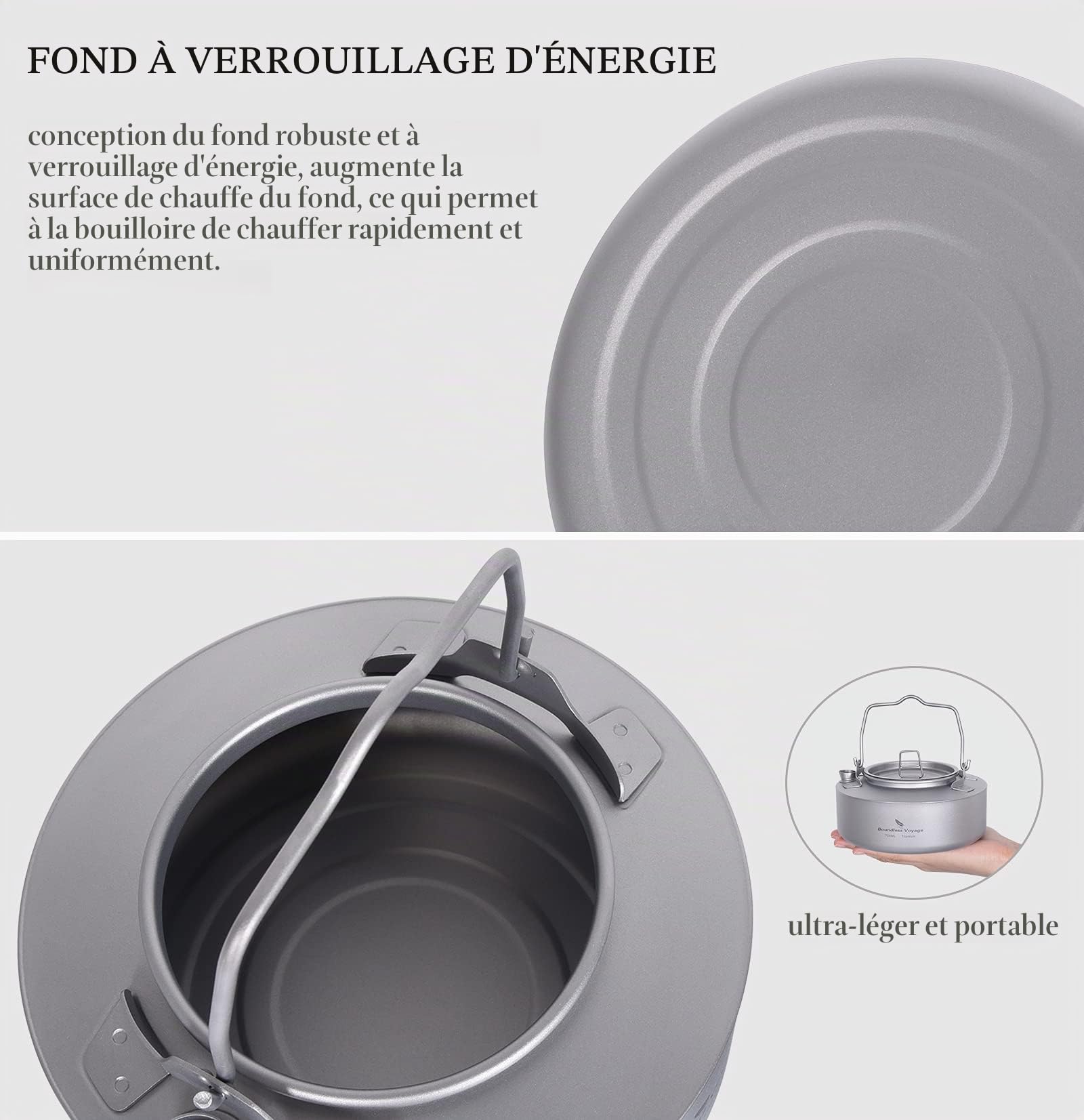 iBasingo Bouilloire en titane de 700 ml pour camping - Ultra légère - Avec poignée pliable et filtre - Ti3100D - Gris, Ti3100D-B