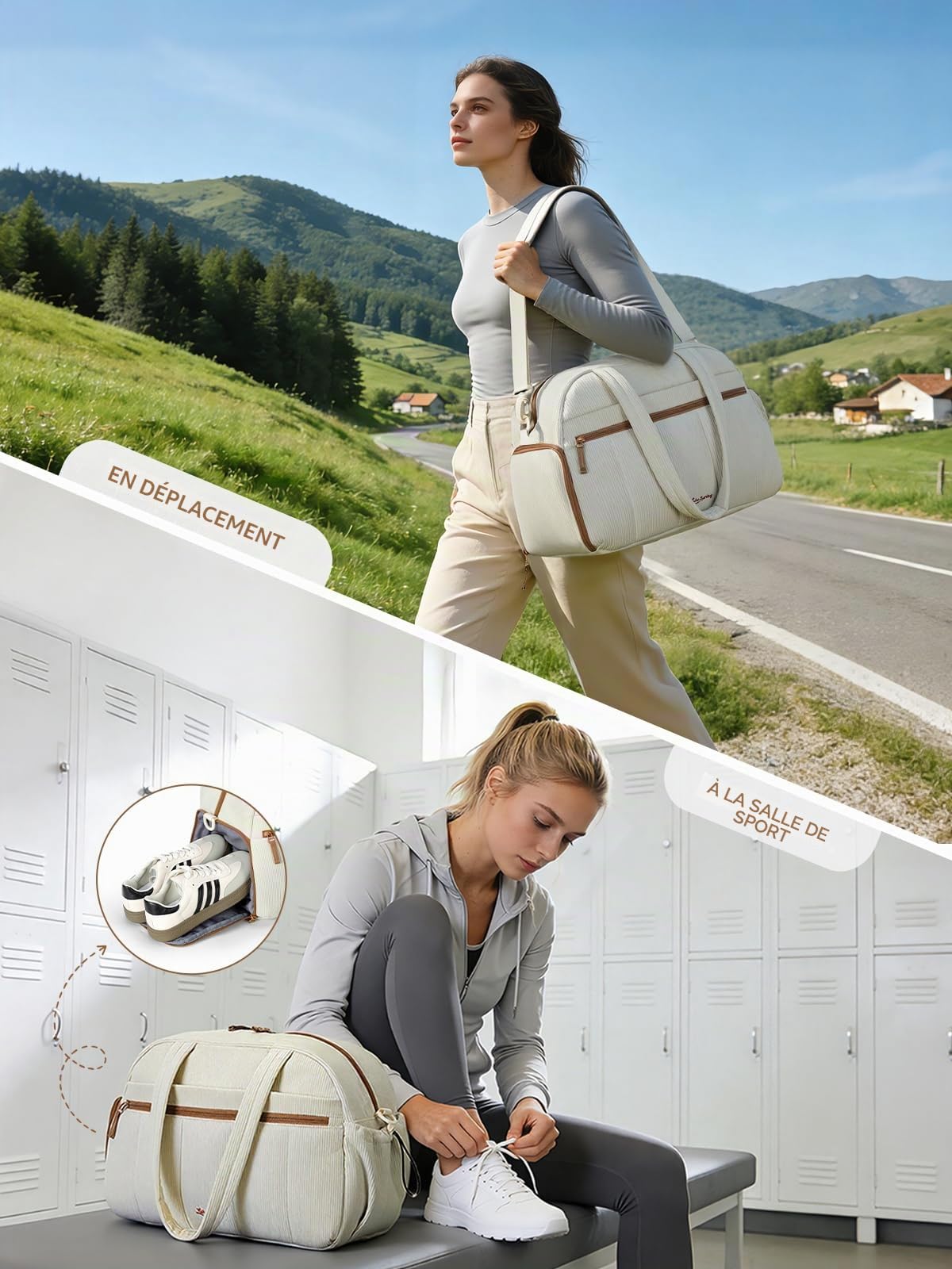 Sac de Voyage Femme en Velours Côtelé, Sac Sport Léger 24 L, Sacs Weekend Bagage à Main avec Trousse Toilette et Sacs Imperméable en PVC Idéal pour l'hôpital Voyages Vacances Sport, Beige