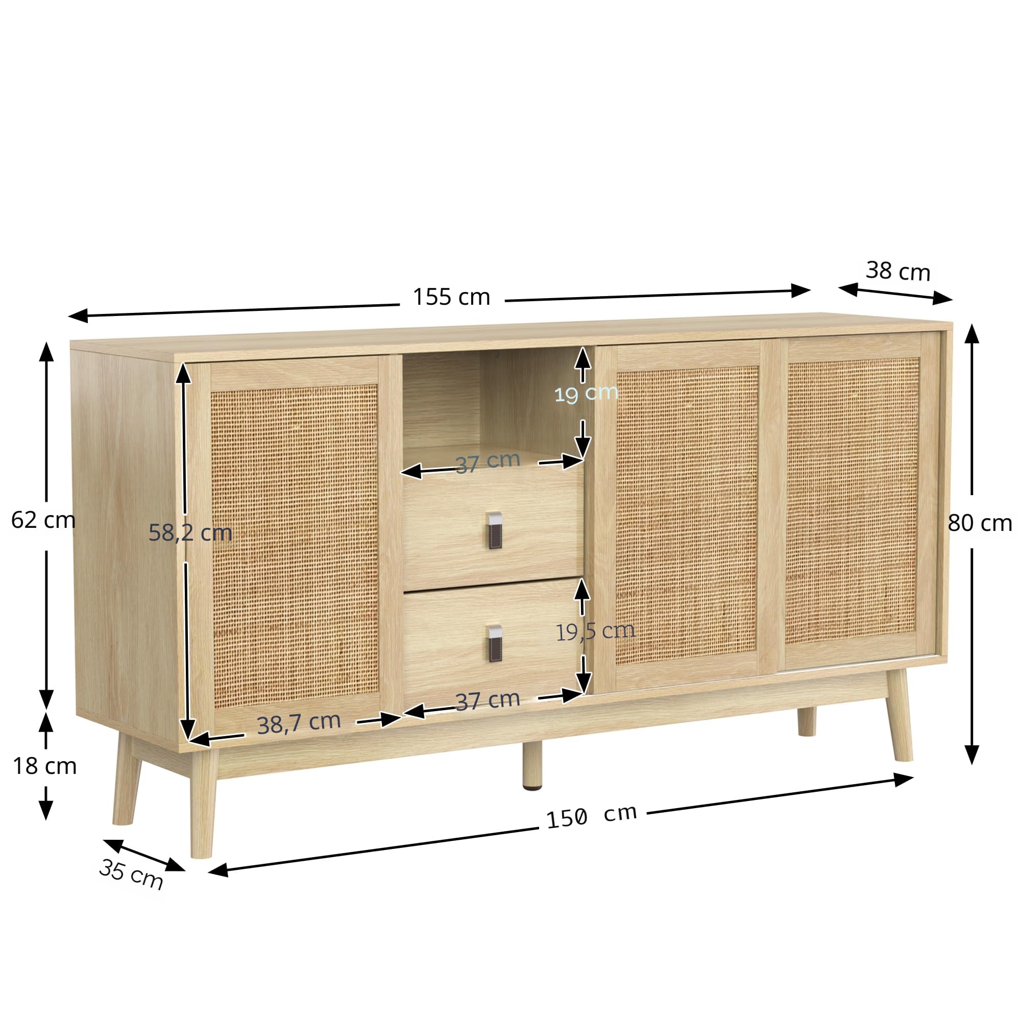 SUKY Aparador con 3 puertas correderas de ratán auténtico y 2 cajones, transpirable, estable y versátil, 155 x 38 x 80 cm
