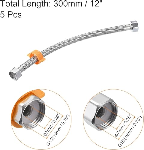 Miniatura 8 de uxcell Conector de línea de suministro de grifo, 5 piezas G12 hembra x G12 hembra de 39 pulgadas de largo, trenzado de acero inoxidable 304,