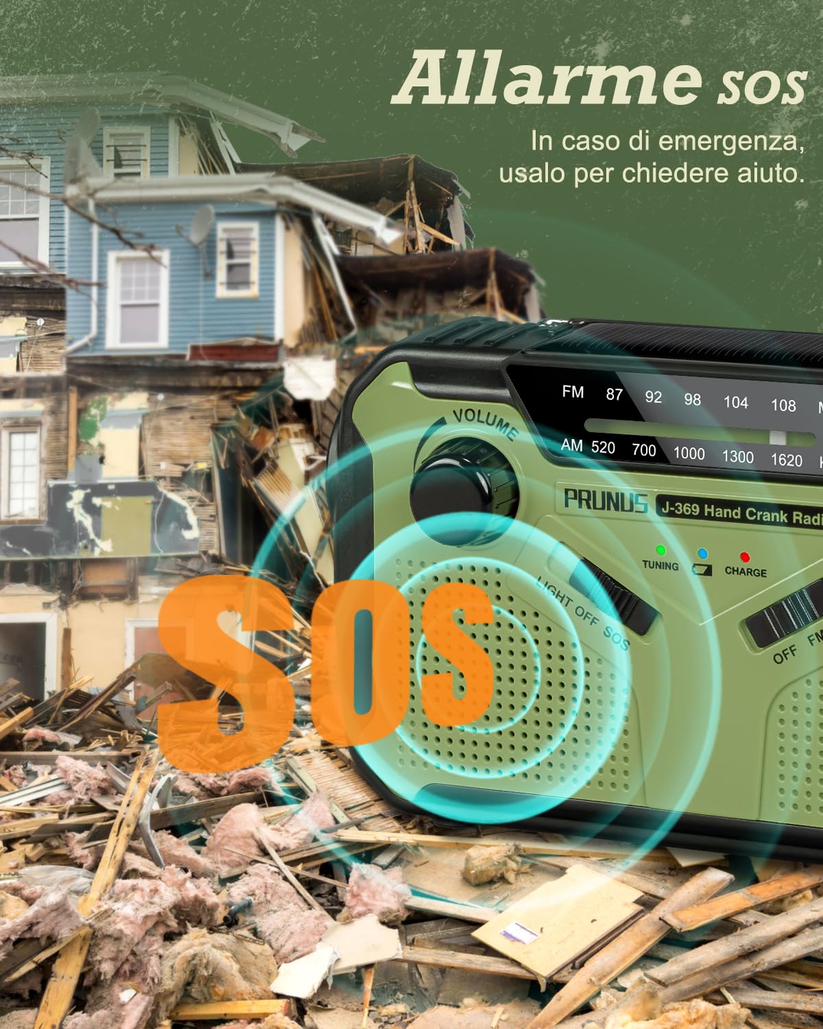 PRUNUS J-369 Radio Portatile Emergenza FM/AM, Radiolina a Manovella Dinamo, Solare con Batteria 3000 mAh, Allarme SOS, Torcia, Verde