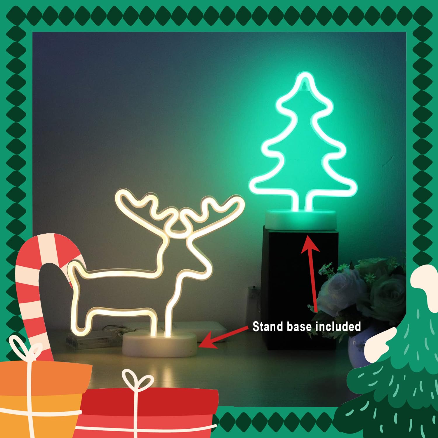 Christmas Neon Sign 2 Packs Reindeer and Xmas Tree Green Neon Wall Décor Lights USB and Battery Powered Neon Lights for Bedroom Girls Kids Christmas Gifts Home Decoration for Xmas (CMT-DER)