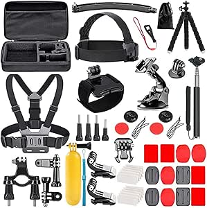 57-teiliges Actionkamera Zubehör Set für GoPro Hero 11 10 9 8 7 6 5 4 GoPro Max Mini Insta360 Akaso & mehr | Wasserdichtes Action Cam Zubehör Set mit Halterung Stativ Gehäuse Selfie-Stange Kopfgurt