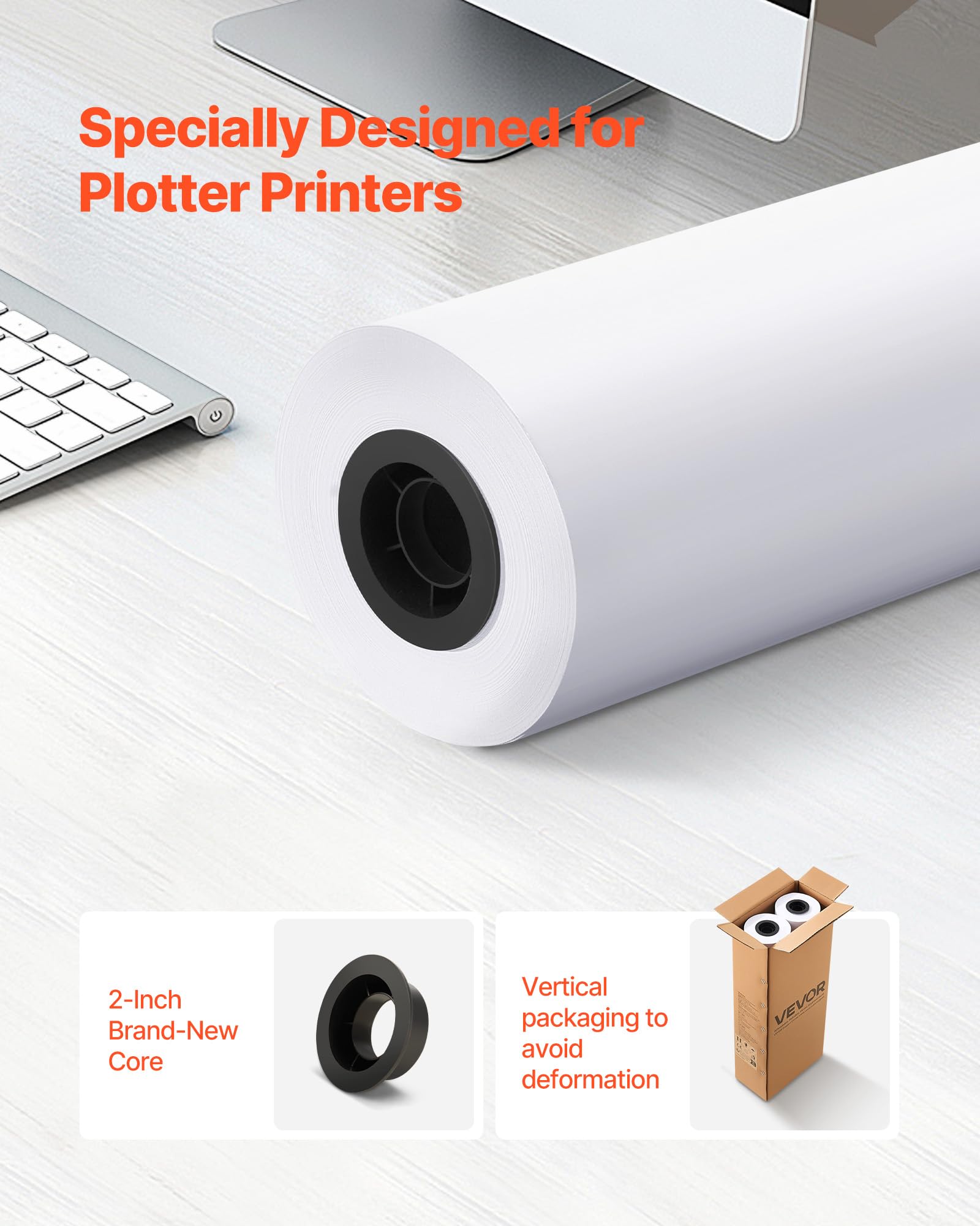 VEVOR Breitformatpapier Papierrollen 609,6 mm (B) / 91,4 m (L), 2 CAD-Papierrollen 20 lb Plotterpapierrollen ideal für CAD-Zeichnungen technische Pläne GIS-Karten Architekturentwürfe Plotterpapier