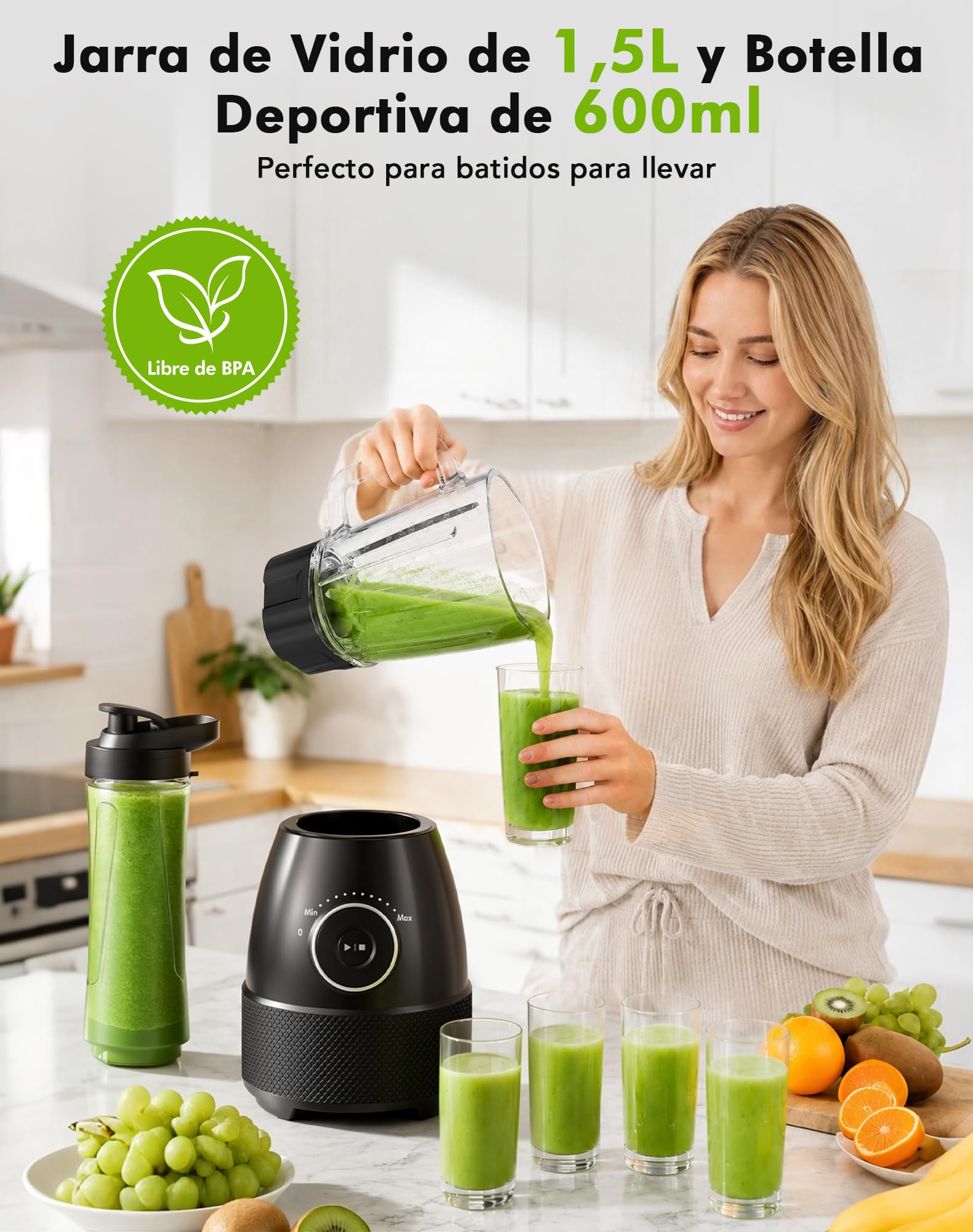 Batidora de Vaso, 1500W Batidora Smoothies, Vaso Batidora con Jarra de Vidrio 1,5L y Botella Tritan 600ml sin BPA, Velocidad Ajustable y Cuchillas de Acero Inoxidable, Licuadora para Zumos y Batidos