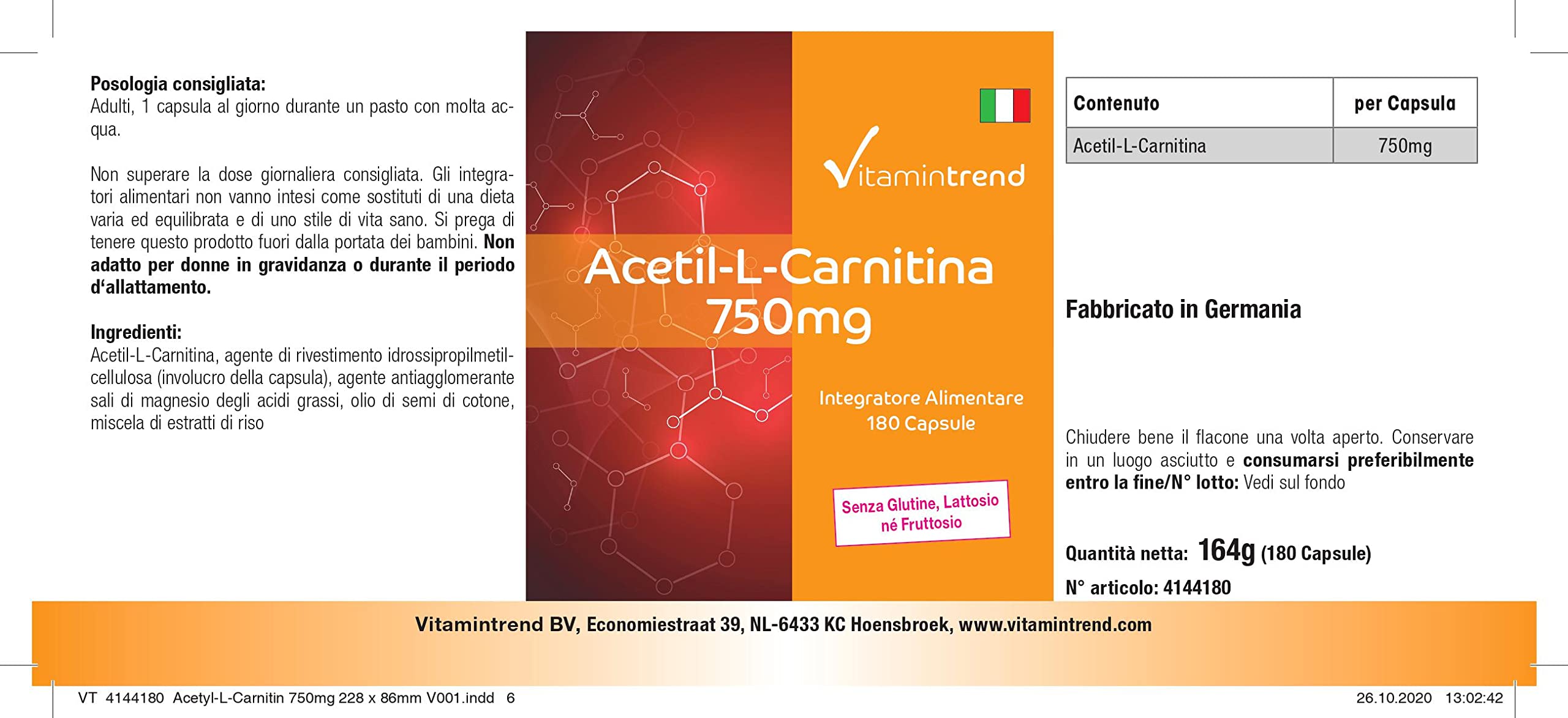 Vitamintrend Acetil-L-Carnitina 750 mg, 180 capsule, ad alto dosaggio, integratore alimentare vegano senza stearato di magnesio, prodotto in Germania