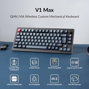 Keychron V1 Max 75% Wireless Custom Mechanical Keyboard - Gateron Jupiter Brown Tactile Switch, QMK Programmable, 2.4 GHz/Bluetooth Connectivity (UK Layout) Compatible with Mac Windows Linux - Black