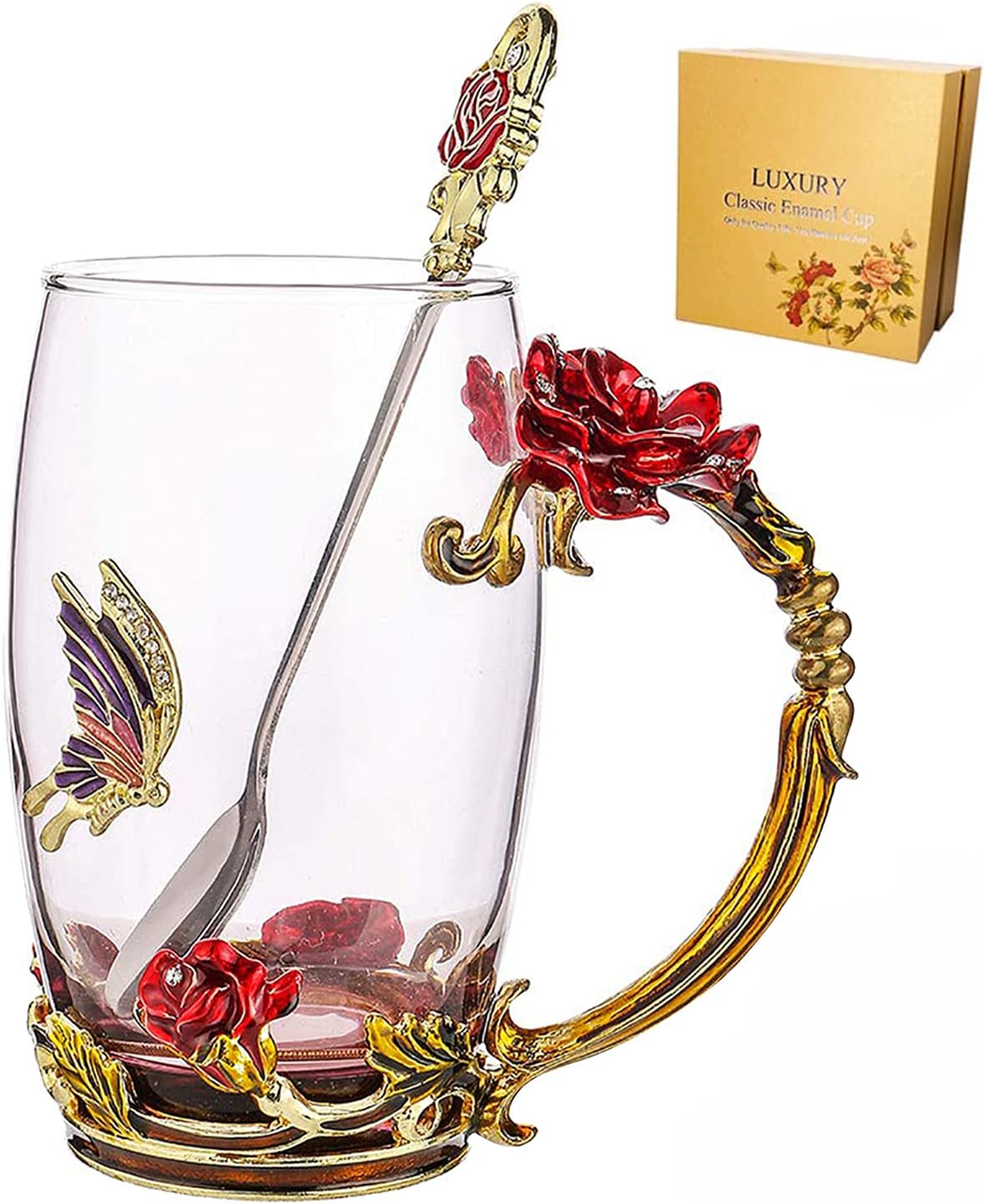 Glass Tea Mug with Spoon, Mother's Day Gifts, Handmade Enamel Rose Flower and Butterfly Clear Glass Coffee Cup, Unique Birthday Christmas Gift Ideas for Mom Grandma Female Friend 12oz