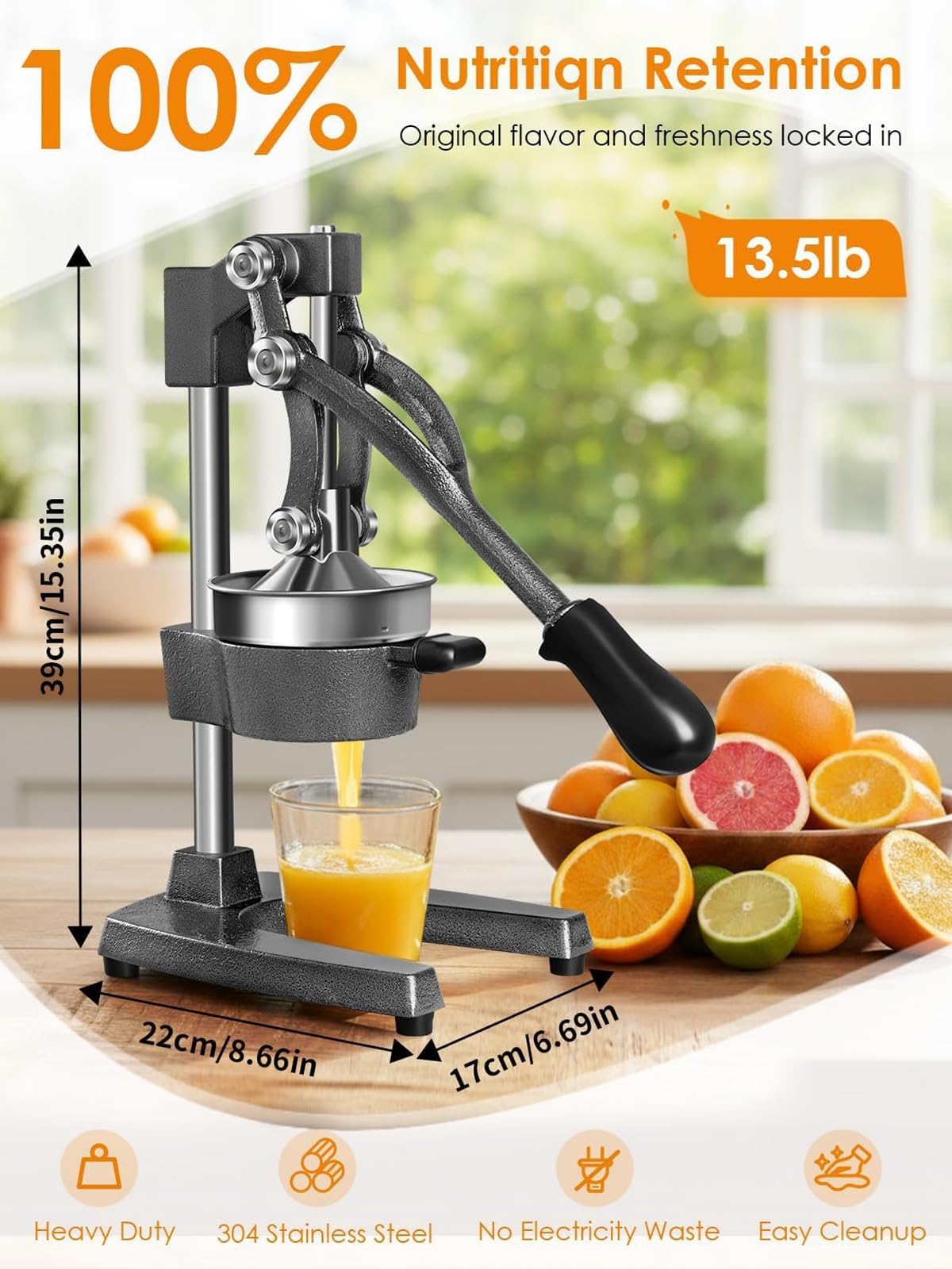 Spremiagrumi manuale, spremiagrumi per mandarini, spremiagrumi professionale, spremiagrumi arancione di grado commerciale, con filtro in acciaio inossidabile 304, adatto per casa, caffè e bar (grigio