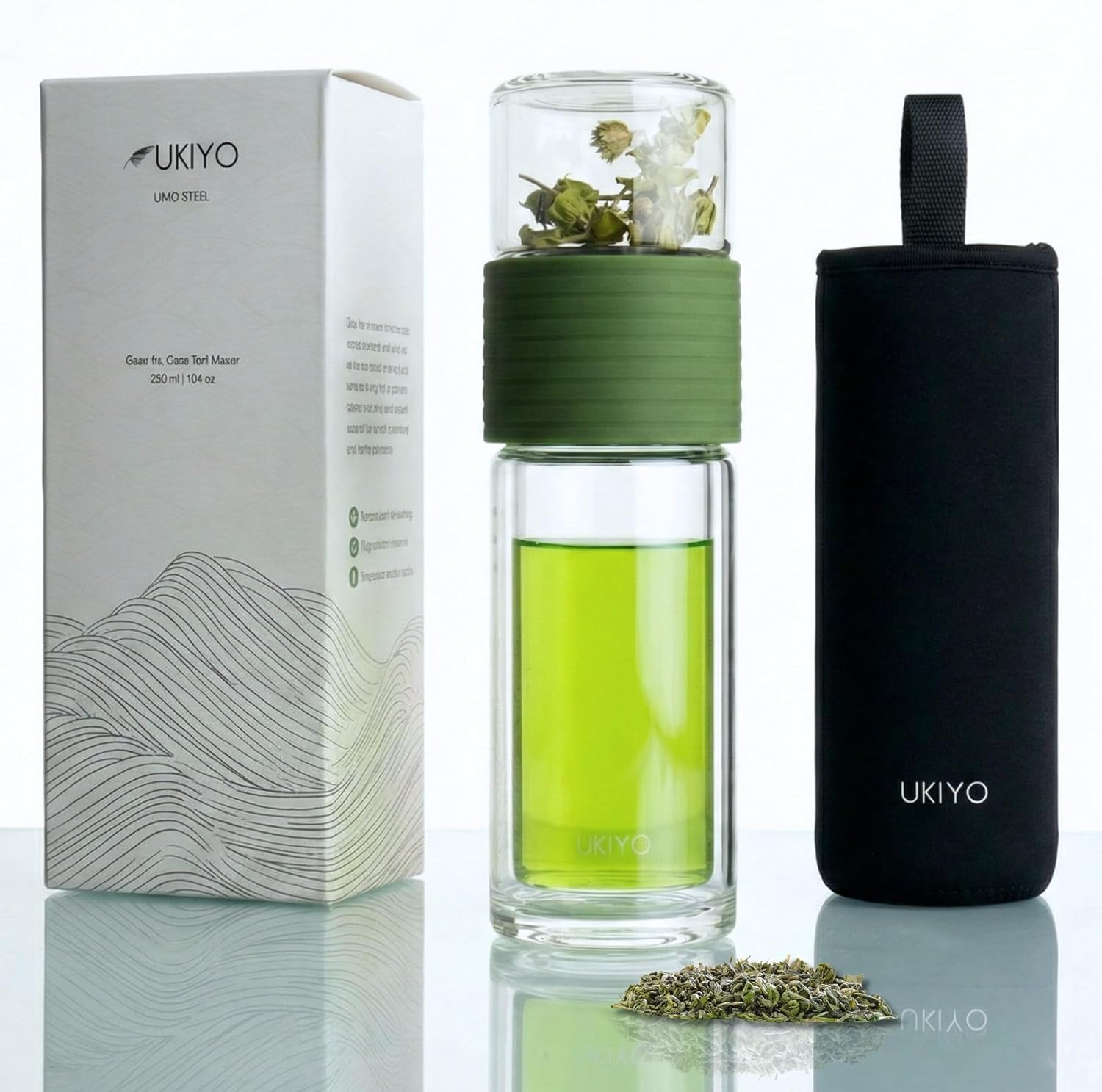 Ukiyo Sense Premium Double-Wall Glass Tea & Fruit Infuser Bottle – Travel Tumbler with Stainless Steel Filter and Neoprene Sleeve