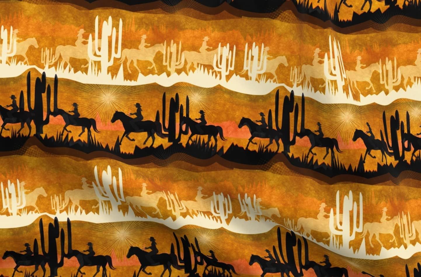 Spoonflower Fabric - Sunset Western Cowboy Horseback Riding Earth Tones Silhouette Printed on Chiffon Fabric by The Yard - Sewing Fashion Apparel Dresses Home Decor