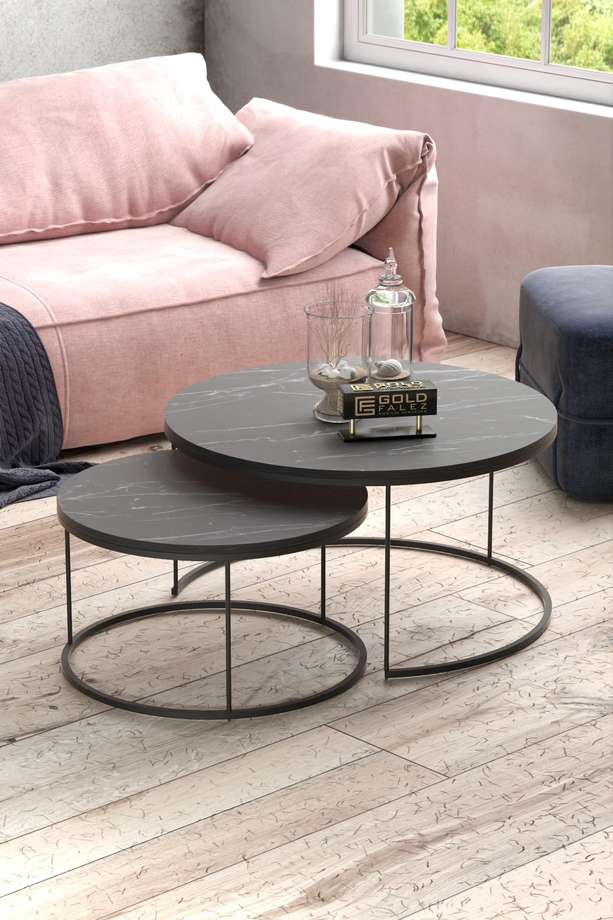 Couchtischset Skagen Kaffeetisch im 2er Set Satztisch 2-TLG für Wohnzimmer Flur aus Metall und Spanplatte Wohnzimmertisch Beistelltisch Set Moderne Couchtische für Wohnzimmer (Black-Marble)
