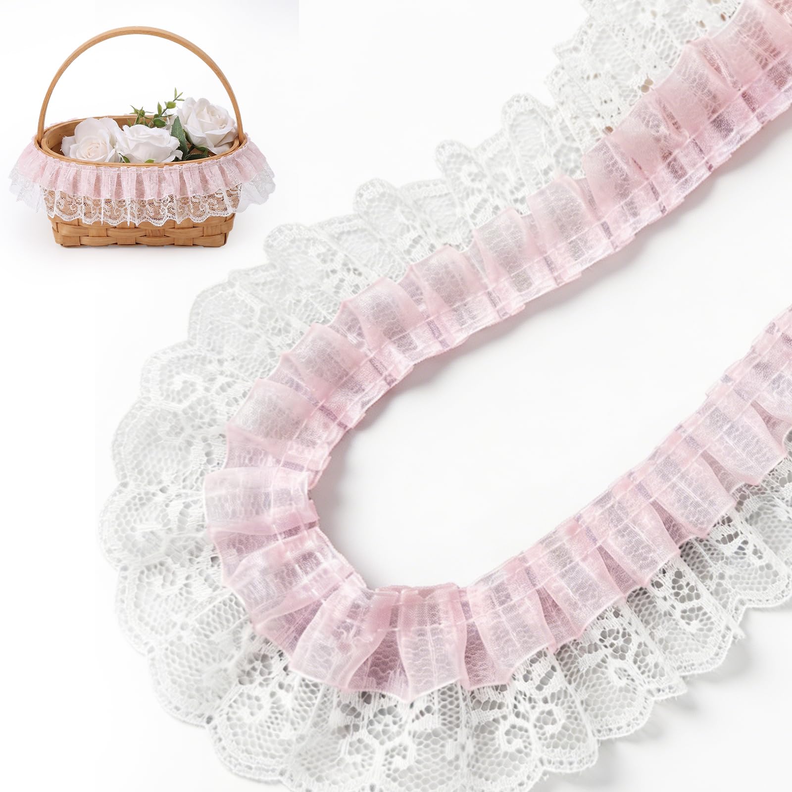 10 Yards Pink Lace Trim, 2In/5cm Double Layer Lace Ribbon