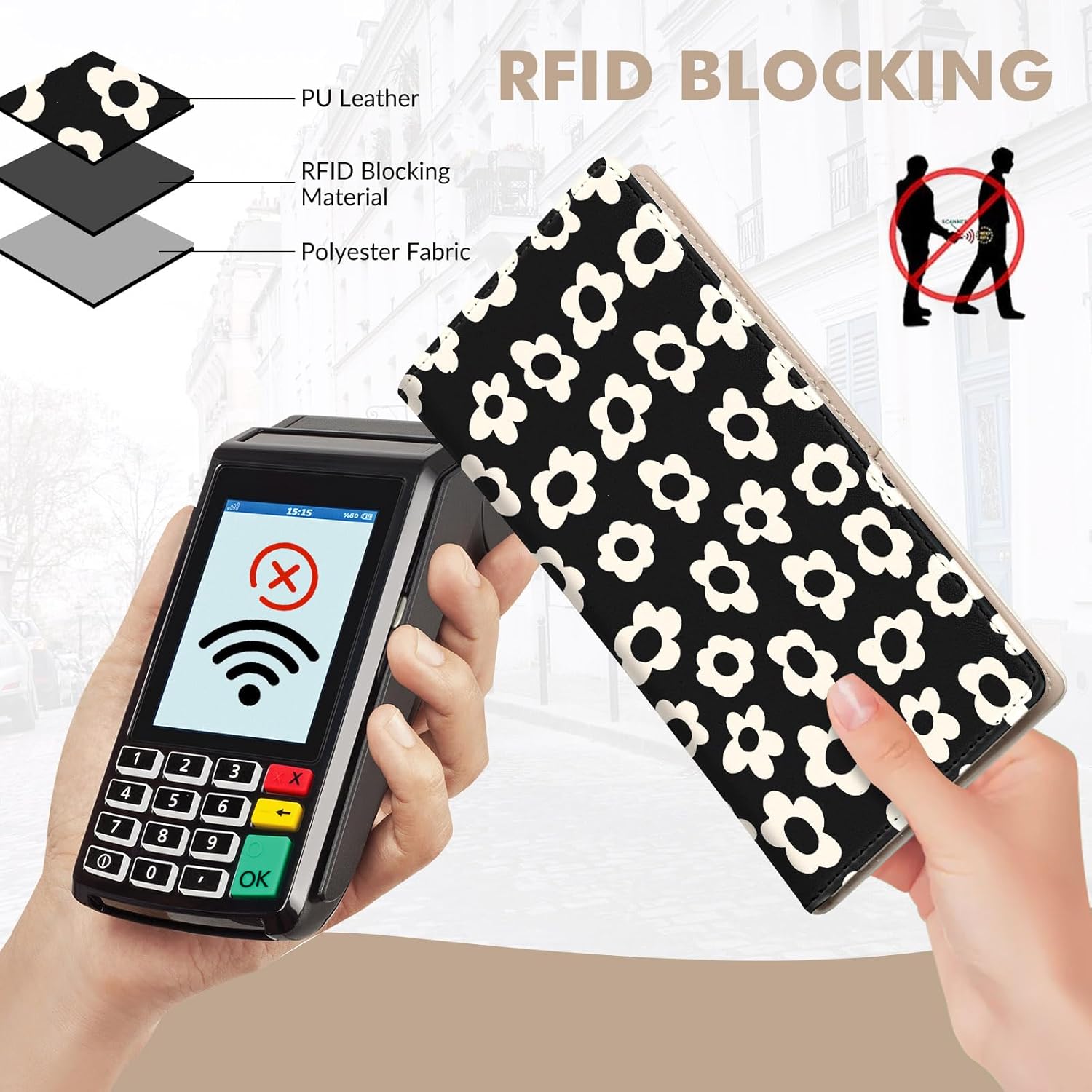 Womens Wallet, Rfid Wallets for Women,Slim Thin Credit Card Holder Organizer Purse,PU Leather Cute Long Bifold Clutch Cash Wallet with Zipper Coin Pocket,Ladies Gift,Beige Flower - Image 3