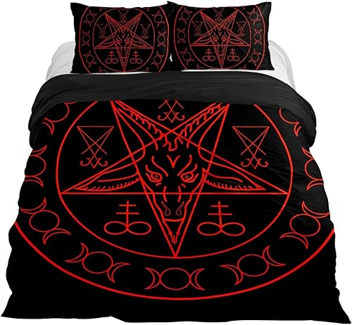 Baphomet and Lucifer Bedding - Juego de funda de edredón de 3 piezas, tamaño Queen, funda de edredón con cierre de cremallera, 4 lazos en las