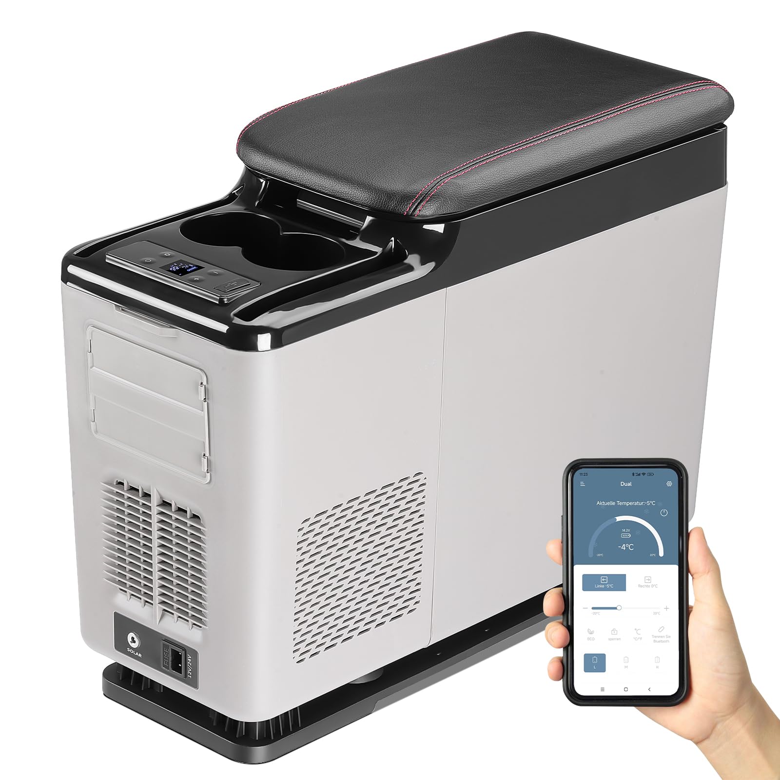 Kompressor Kühlbox 15L inkl. Montageplatte, Mittelkonsole Gefrierbox mit APP-Steuerung, Elektrisch Kühlschrank, 12V/24V DC 220-240V AC, Multifunktionale Mittelkonsole, -15°C bis 20°C für Auto Lkw Boot